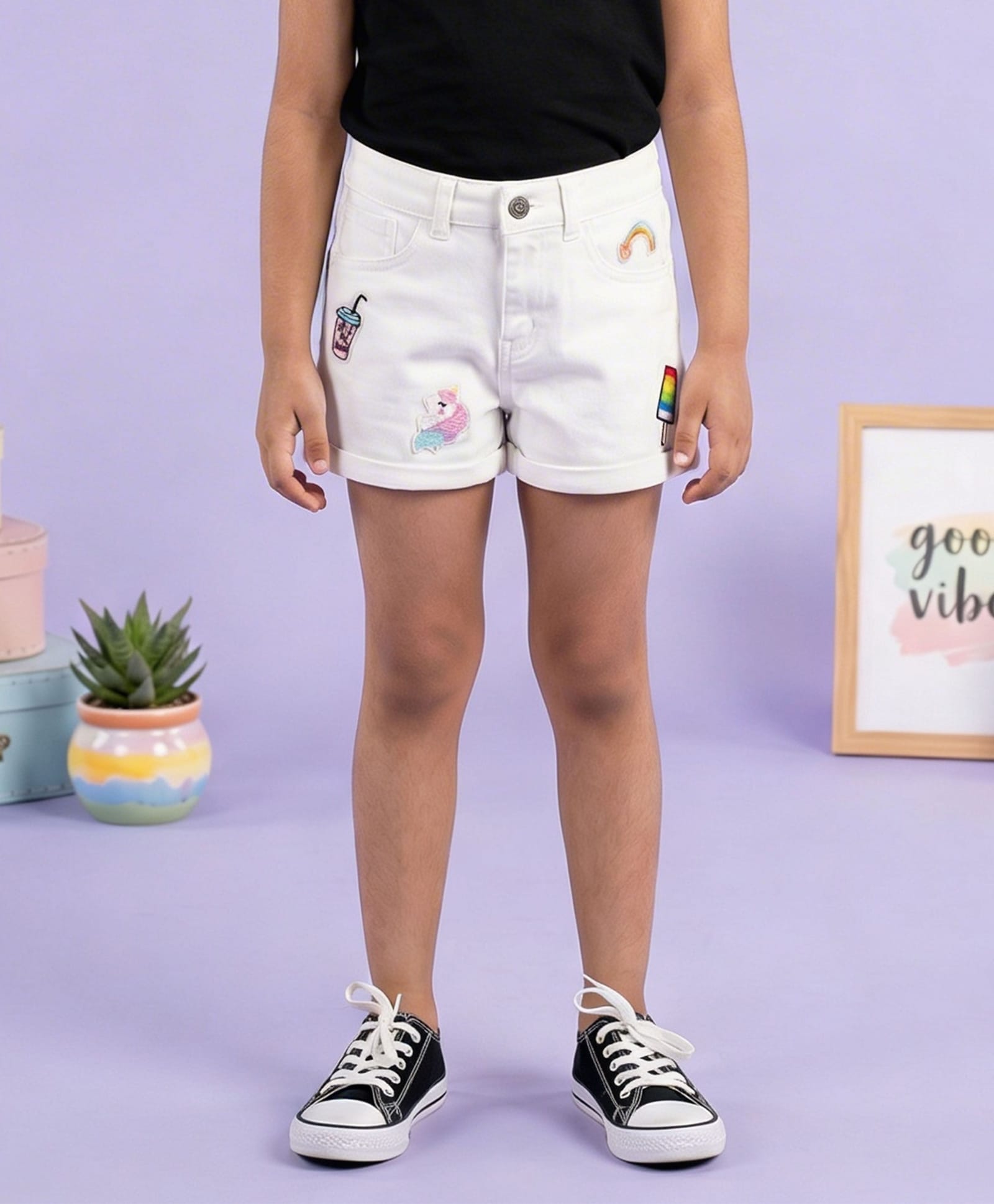 Kiddopanti Denim Shorts Rainbow & Ice Cream Patch Detailed Shorts - White-picture-20