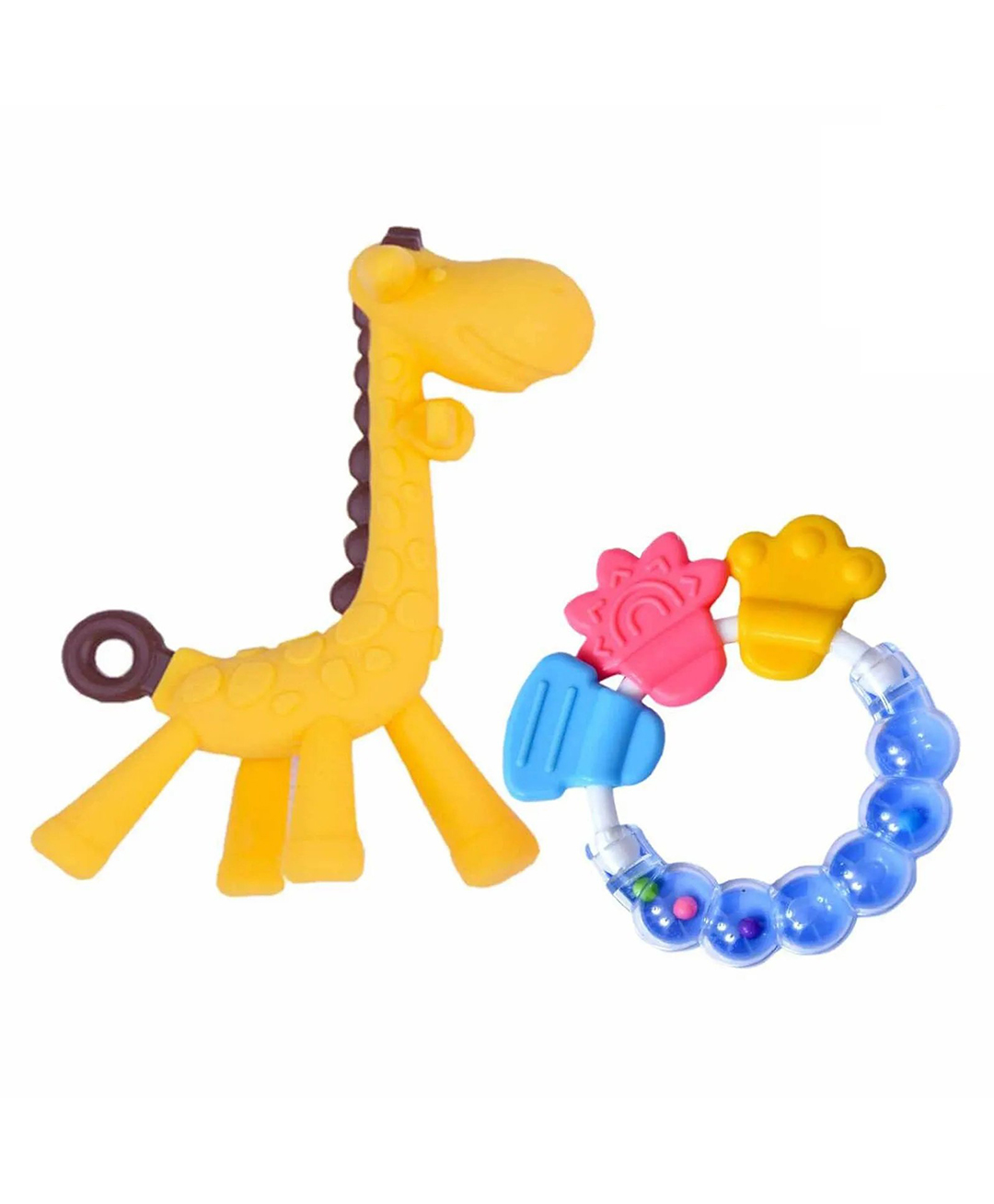 Numum Silicone Combo Of Giraffe Shape & Rattle Handle Teethers - ( Giraffe - Ring teether) - Multicolor ( color and design may vary)-image-4