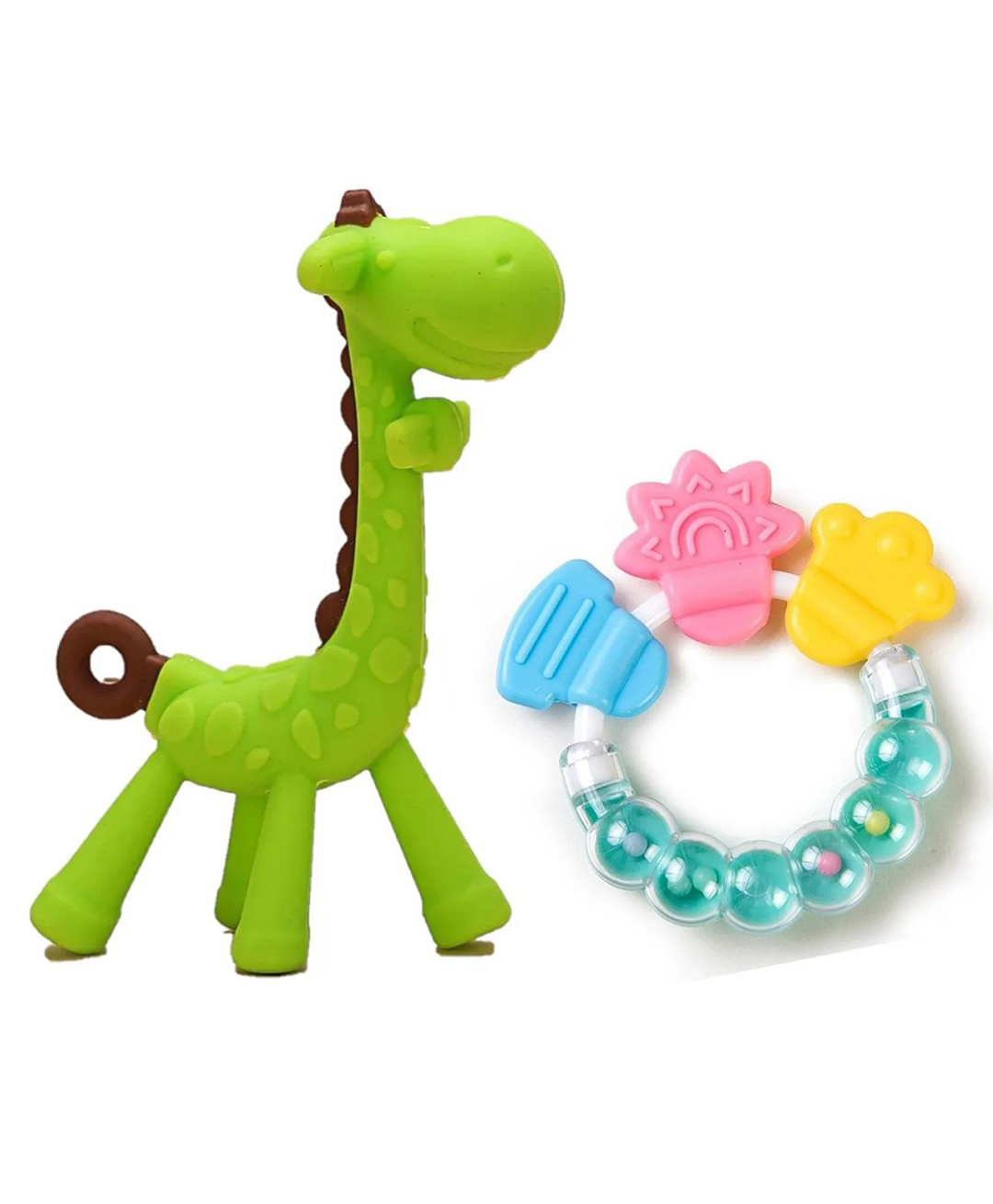 Numum Silicone Combo Of Giraffe Shape & Rattle Handle Teethers ( Giraffe - Ring teether) - Multicolor ( color and design may vary)-picture-34