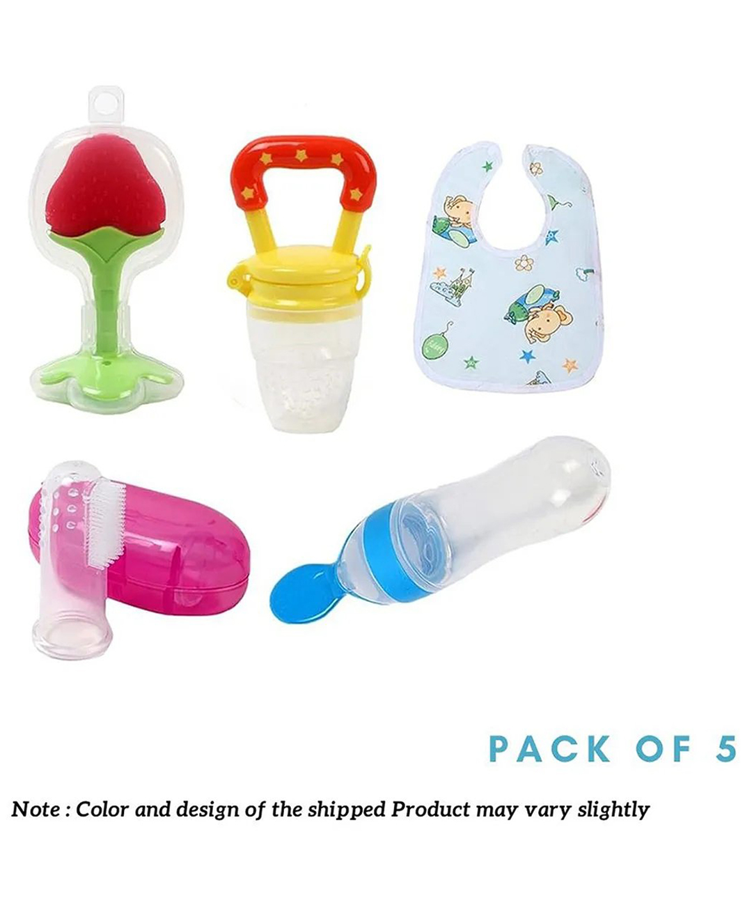 Numum Baby Fruit Feeder with Spoon Feeder and Fruit Teether with Finger Brush and Baby bibs ( 1pcs each) (Bibs - Fruit Feeder - Finger Brush - Spoon feeder - fruit teether)- Multicolor ( color and design may vary)-image-27
