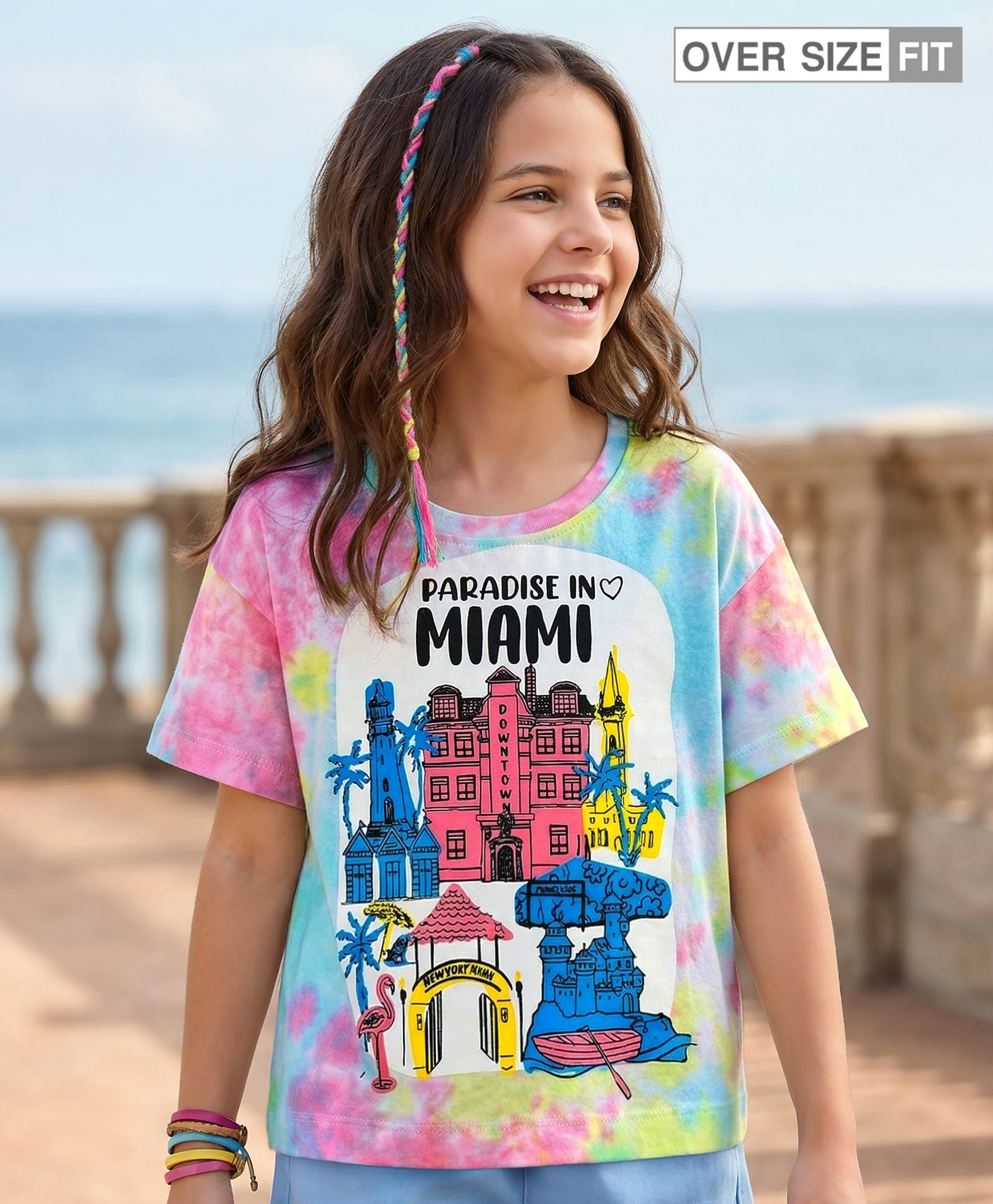 Pine Kids Cotton Knit Half Drop Shoulder Sleeves Tie & Dye T-Shirt with Beach Theme Print - Light Blue & Pink-image-33