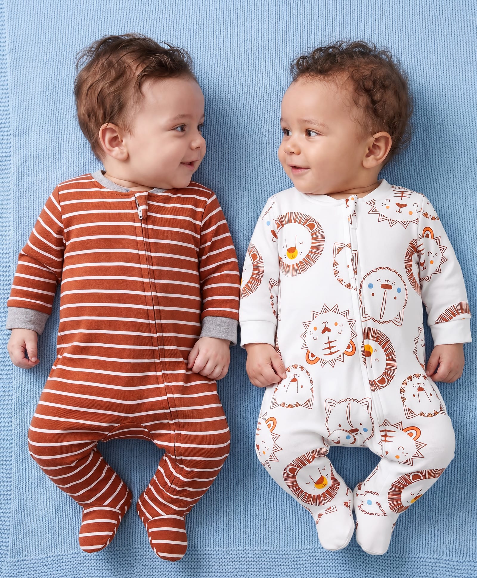 Kookie Kids Interlock Knit Full Sleeves Striped & Animal Printed Footed Sleep Suits Pack of 2 - White & Brown-image-34