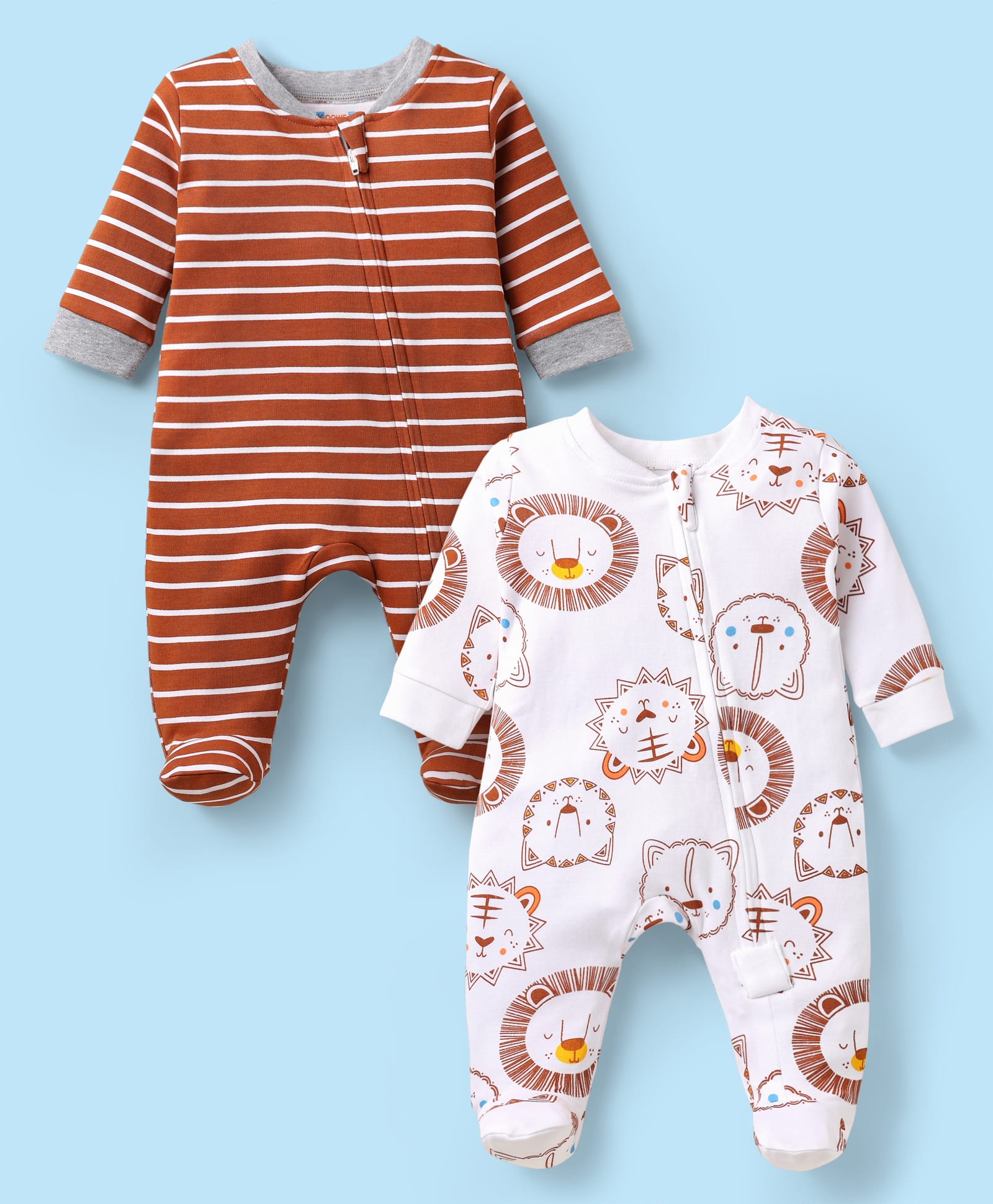 kookie kids india Kookie Kids Interlock Knit Full Sleeves Striped & Animal Printed Footed Sleep Suits Pack of 2 - White & Brown-picture-29