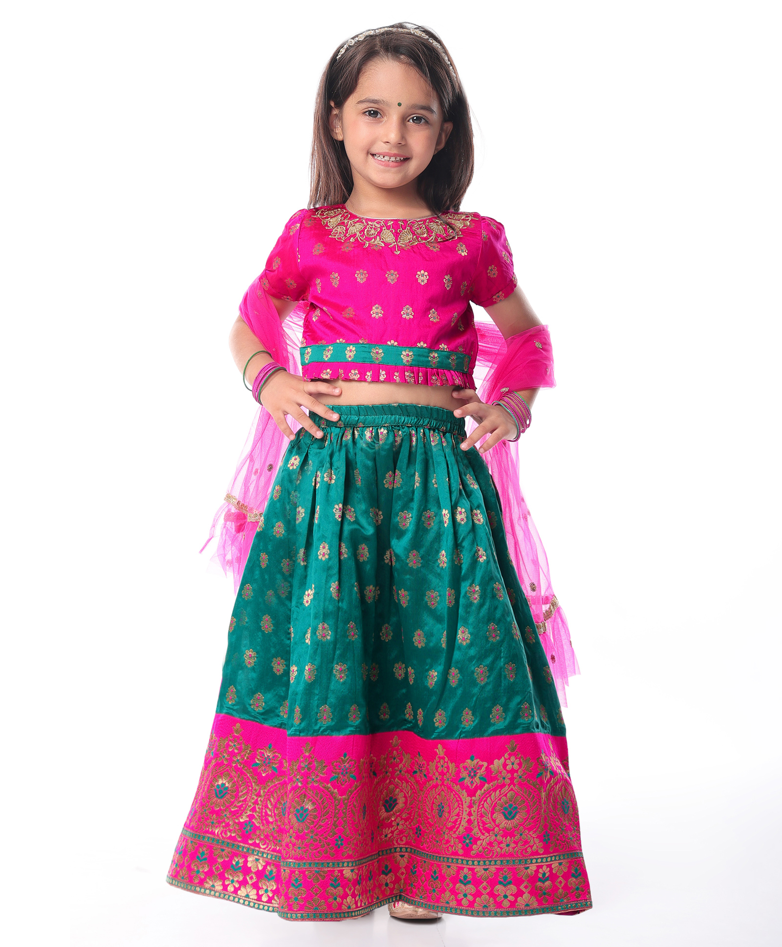 Babyhug Woven Half Sleeves Choli Lehenga Set & Dupatta With Sequin Floral Embroidery & Lace Detailing - Green-picture-15