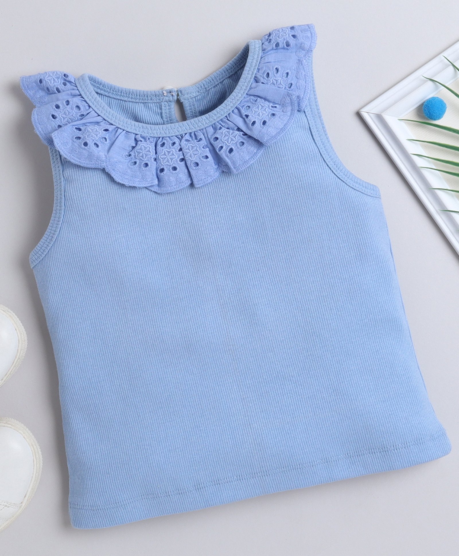 Aww Hunnie Cotton Rib Sleeveless Schiffli Embroidered Top - Blue-picture-21