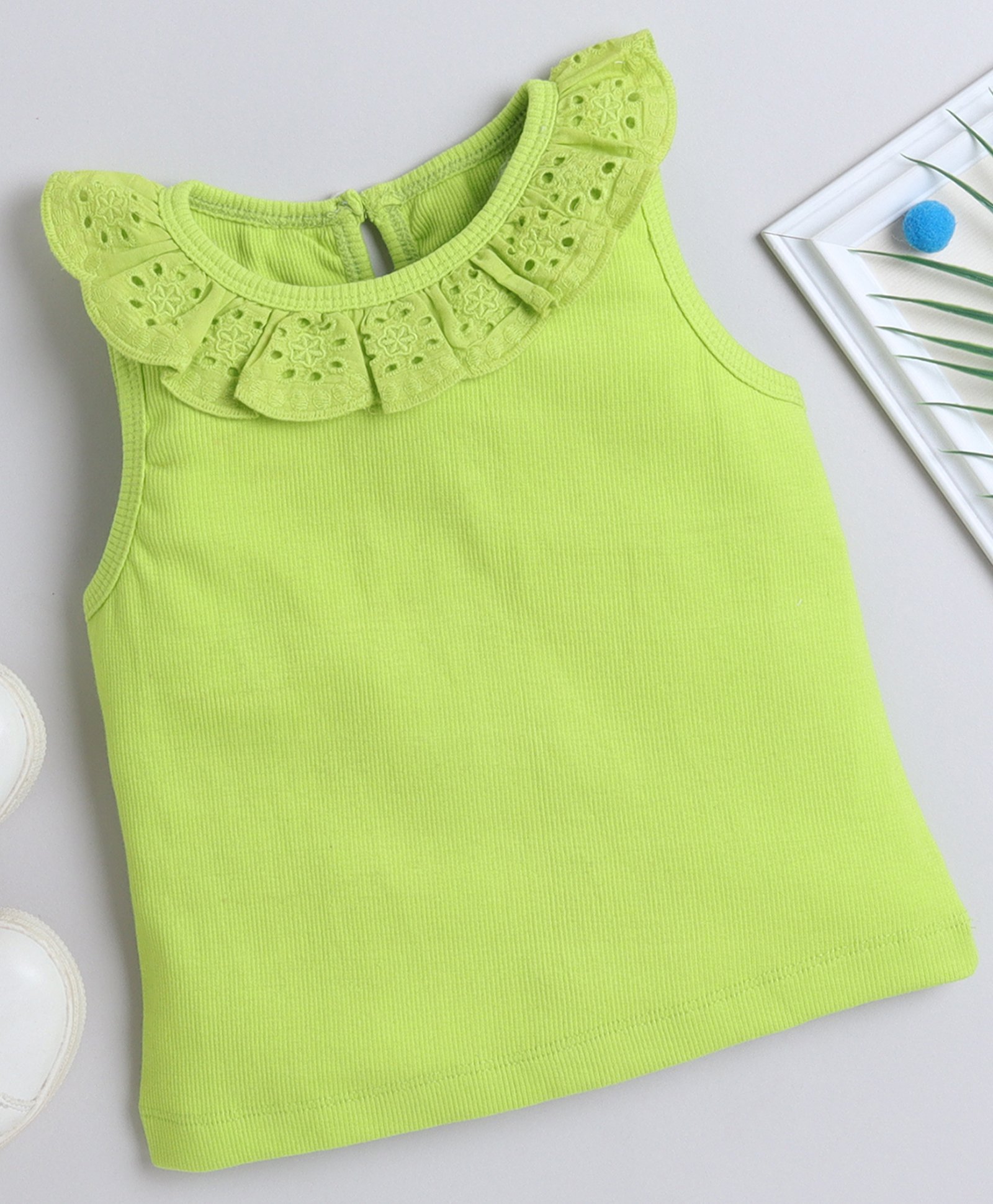 Aww Hunnie Cotton Rib Sleeveless Schiffli Embroidered Top - Green-image-48