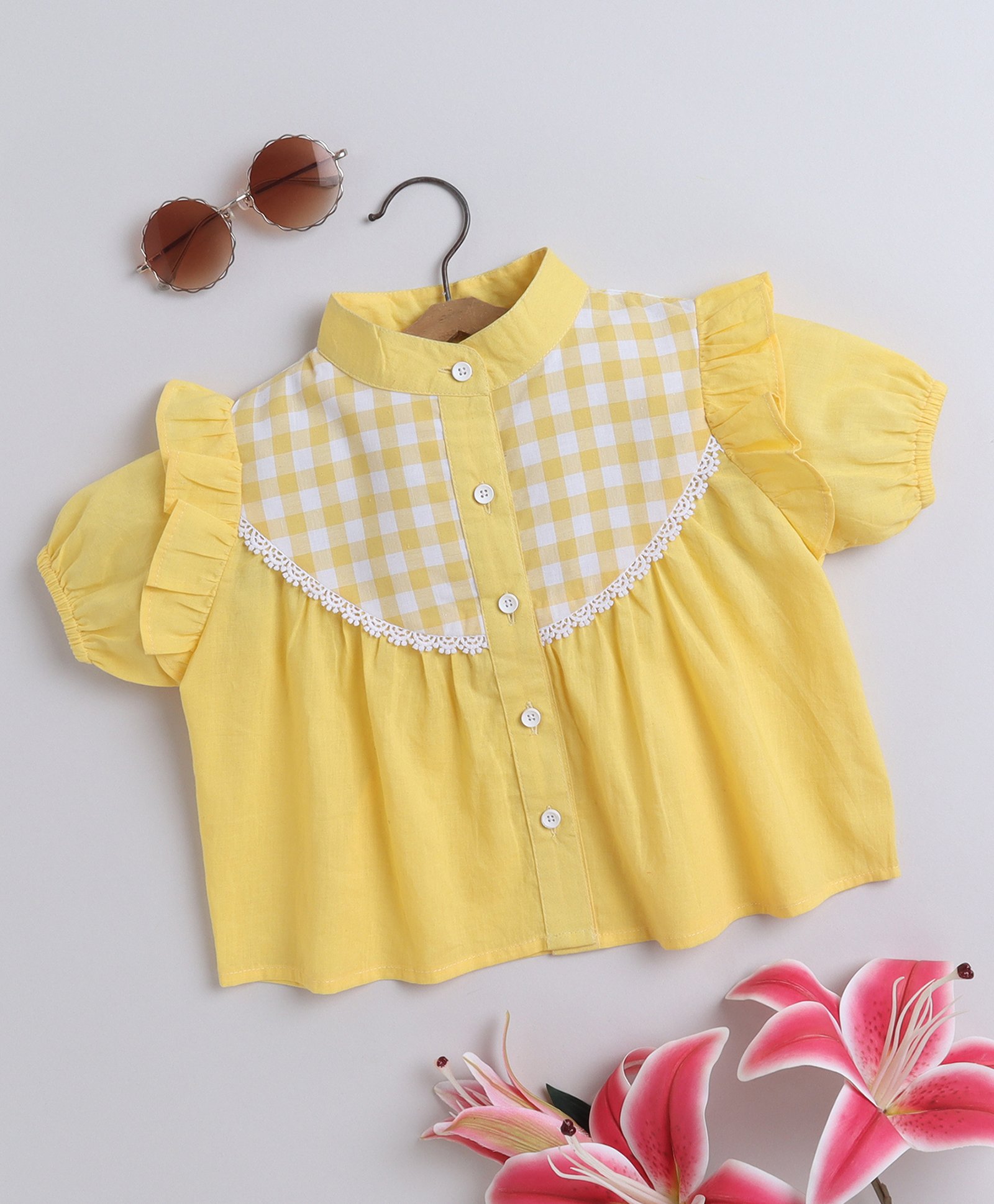 Aww Hunnie 100% Cotton Half Puffed Sleeves Placement Checked Frill Detailed Shirt Style Crop Top - Yellow-image-4