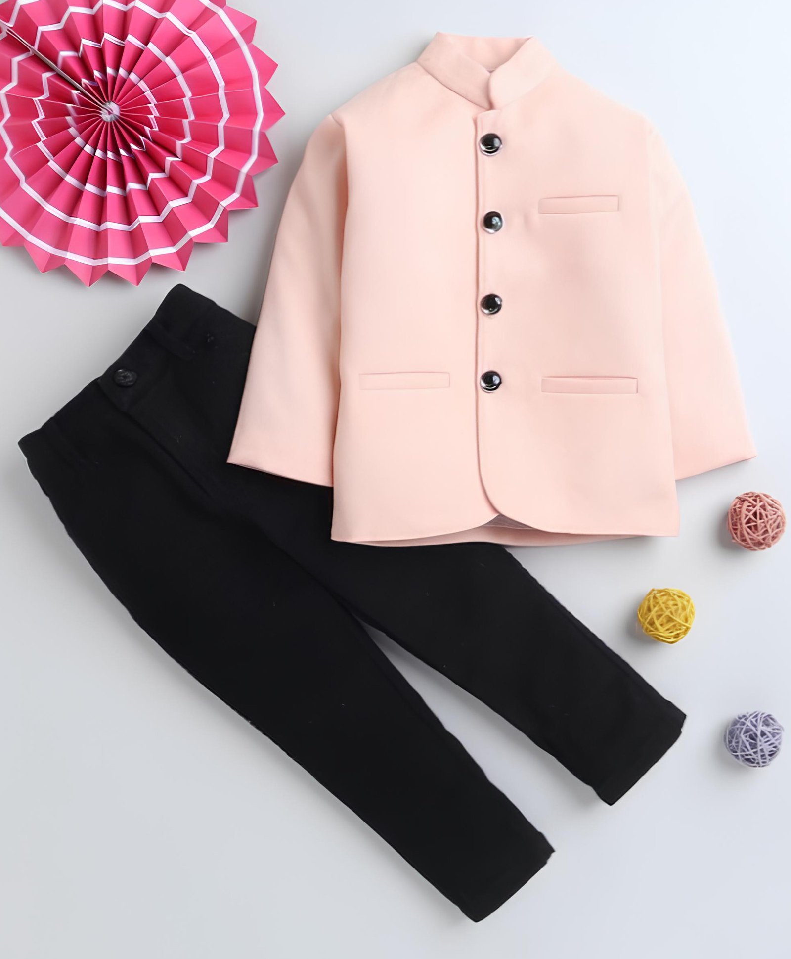 Lil' Homies Jacquard Full Sleeves Solid Blazer With Pant - Peach-image-13