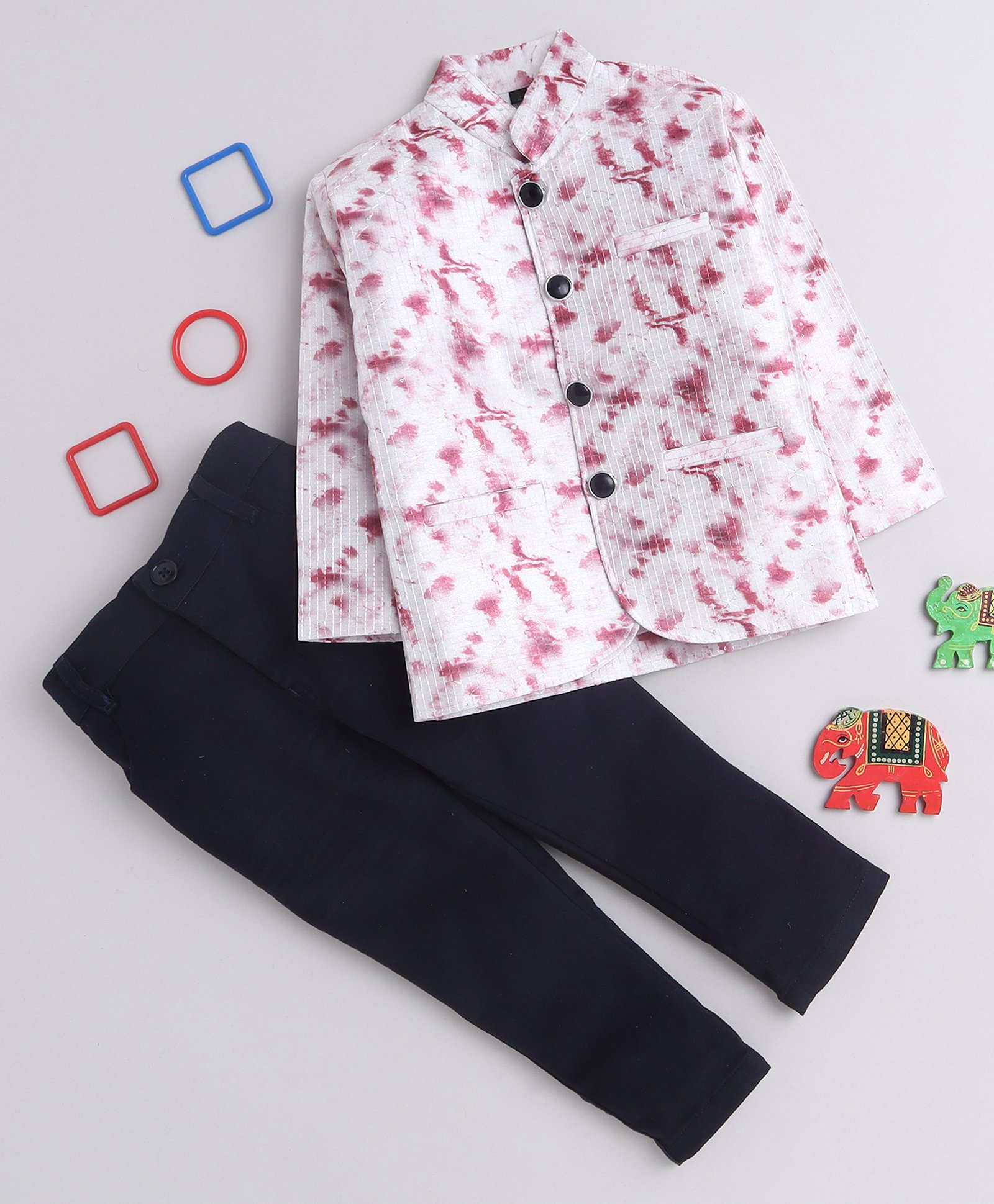 Lil' Homies Jacquard Full Sleeves Embroidered Tie Dye Blazer With Pant - Red-picture-10