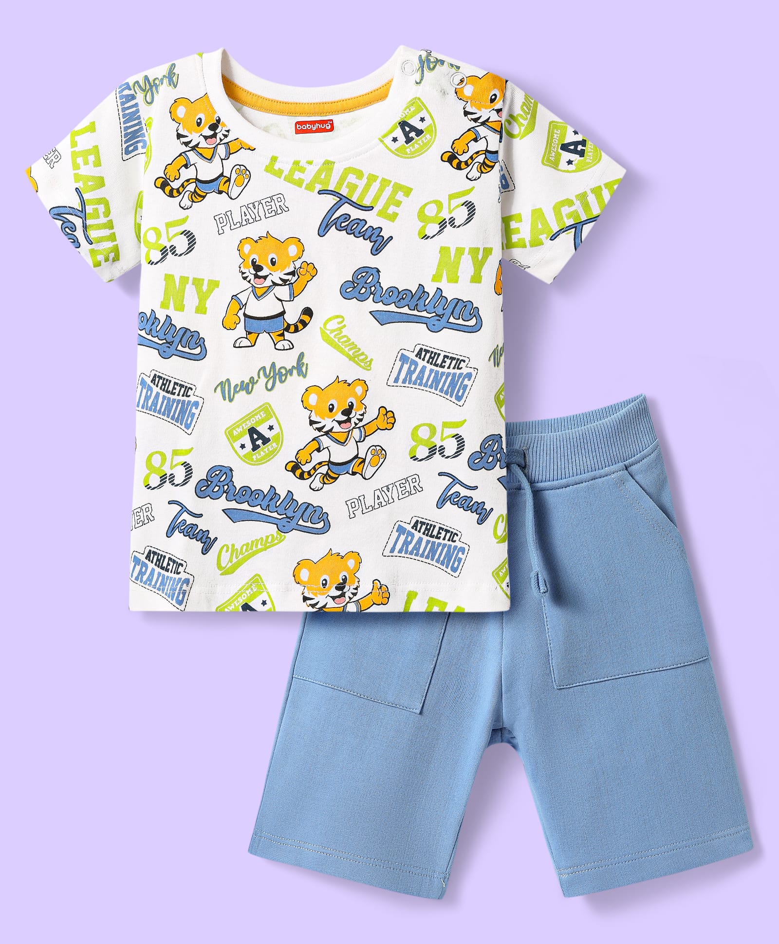Babyhug Single Jersey Knit Half Sleeves T-Shirt & Shorts Set With Tiger Print - White & Blue-image-29