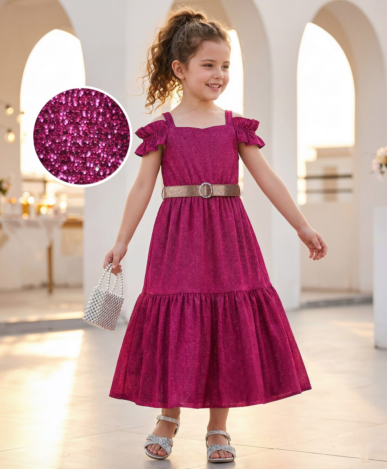 Hola Bonita Knit Cold Shoulder Sleeves Solid Shimmer Party Dress - Wine-image-36