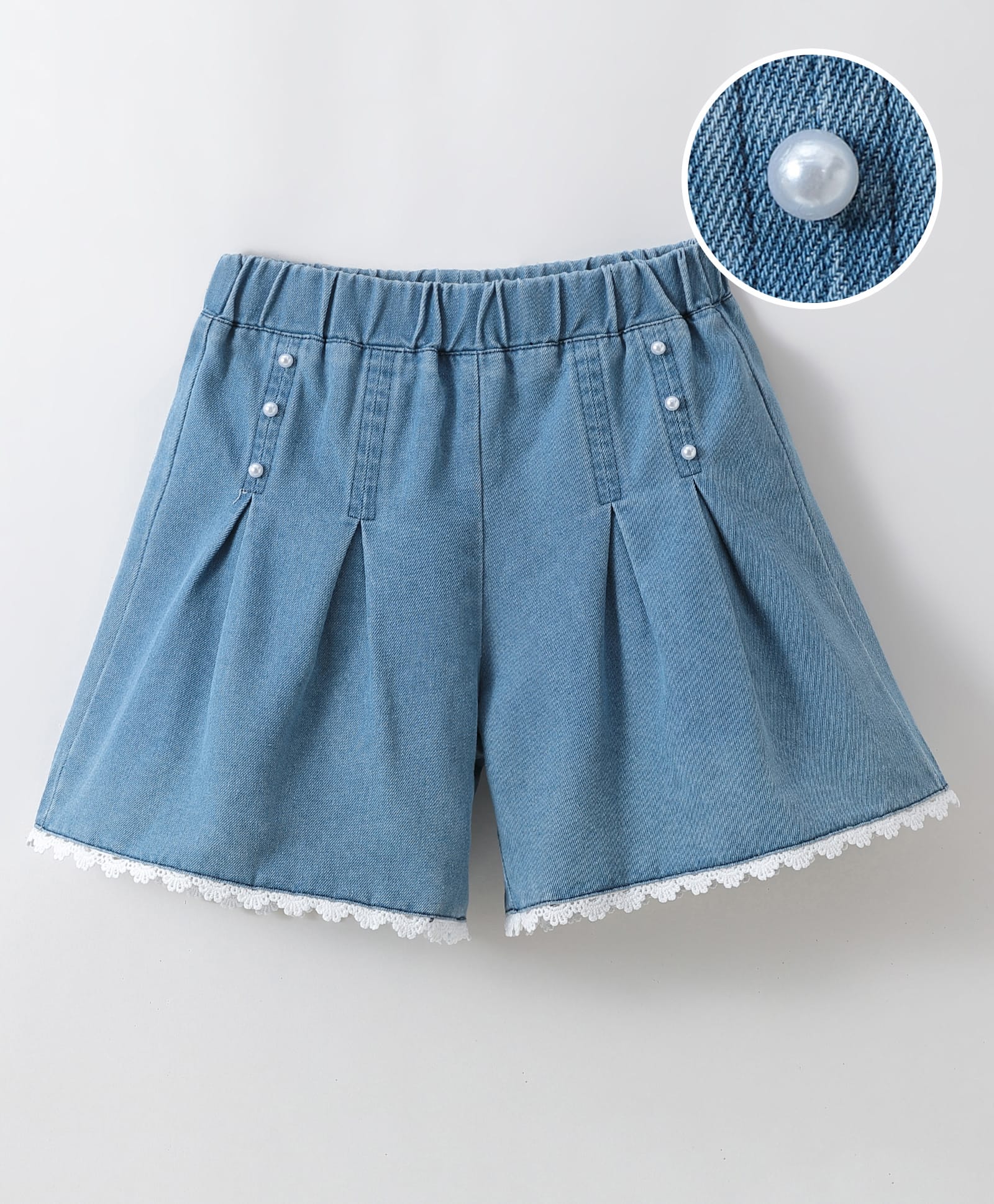 Mark & Mia Cotton Washed Solid Colour Shorts With Lace Detailing - Blue