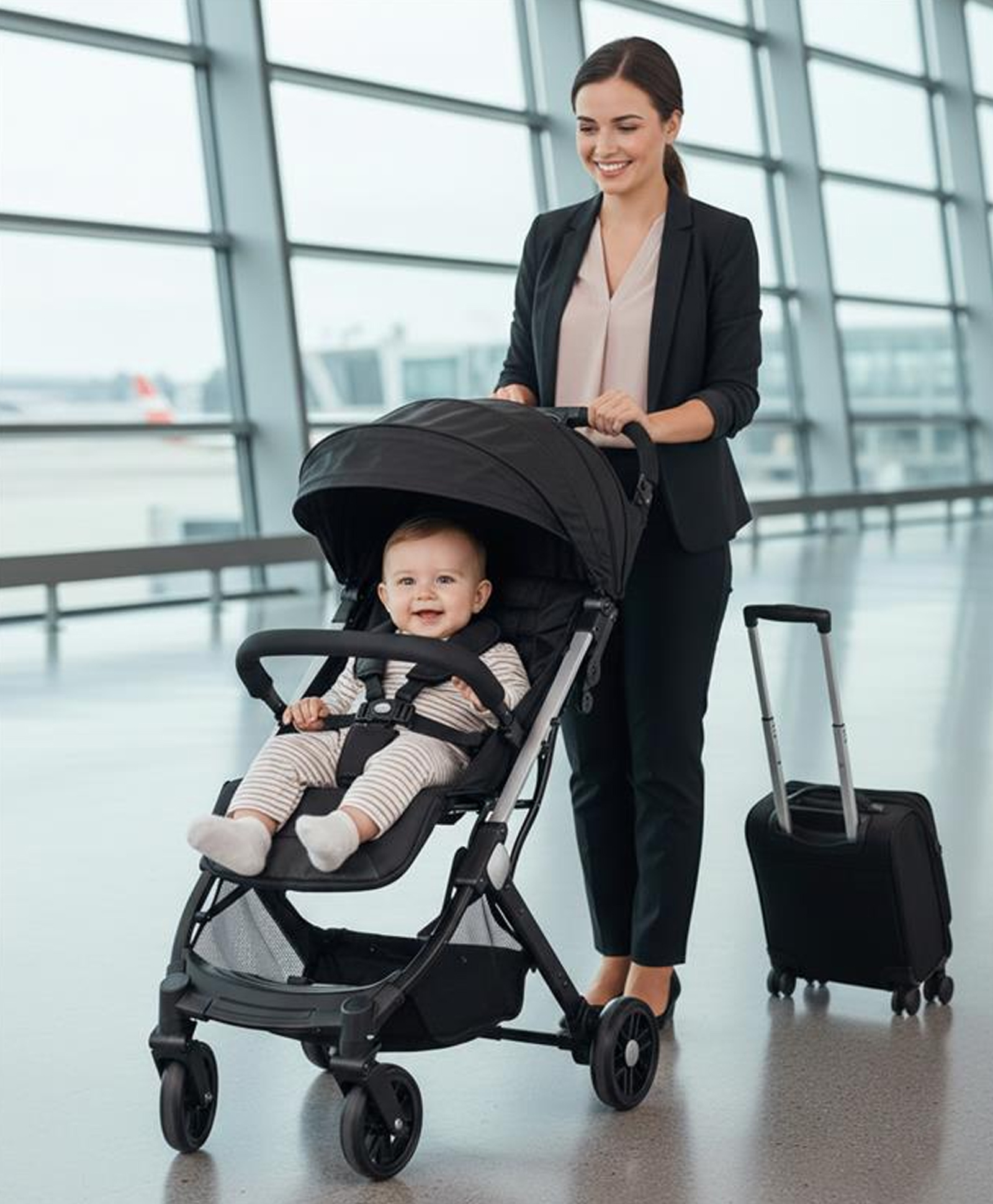 Cabin Stroller With Compact Fold - Black| Air Cabin Friendly| Swivel Wheel with Lock| Rear Wheels with Brake| Concealed Linked Brake| Adjustable Leg Res| One-hand Fold| Reclining Back-rest