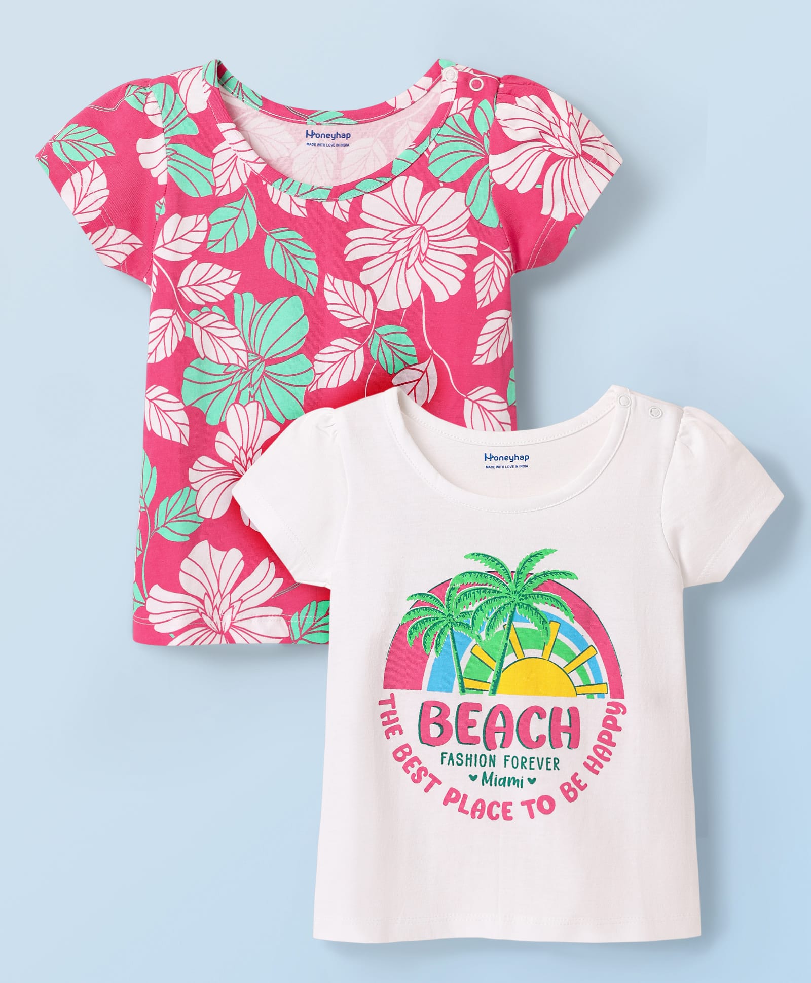 Honeyhap Premium 100%Cotton Knit Half Sleeves Tops with Bio Finish & Beach Theme Print Pack of 2 - Magenta & Bright White-picture-22