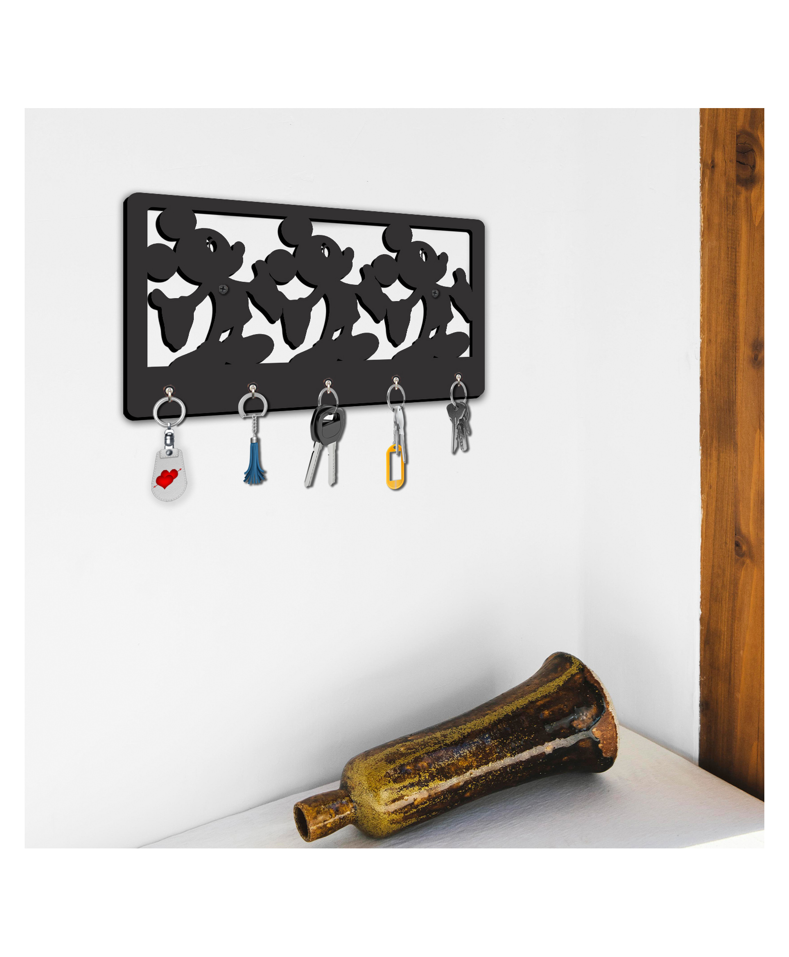 Olive Tree Key Hanger | Key Holder for Home | Key Chain Holders for Wall | Wall Mount Key Holder | Wall Stylish Key Stand (5 Hooks) - Black with Mickey-picture-13