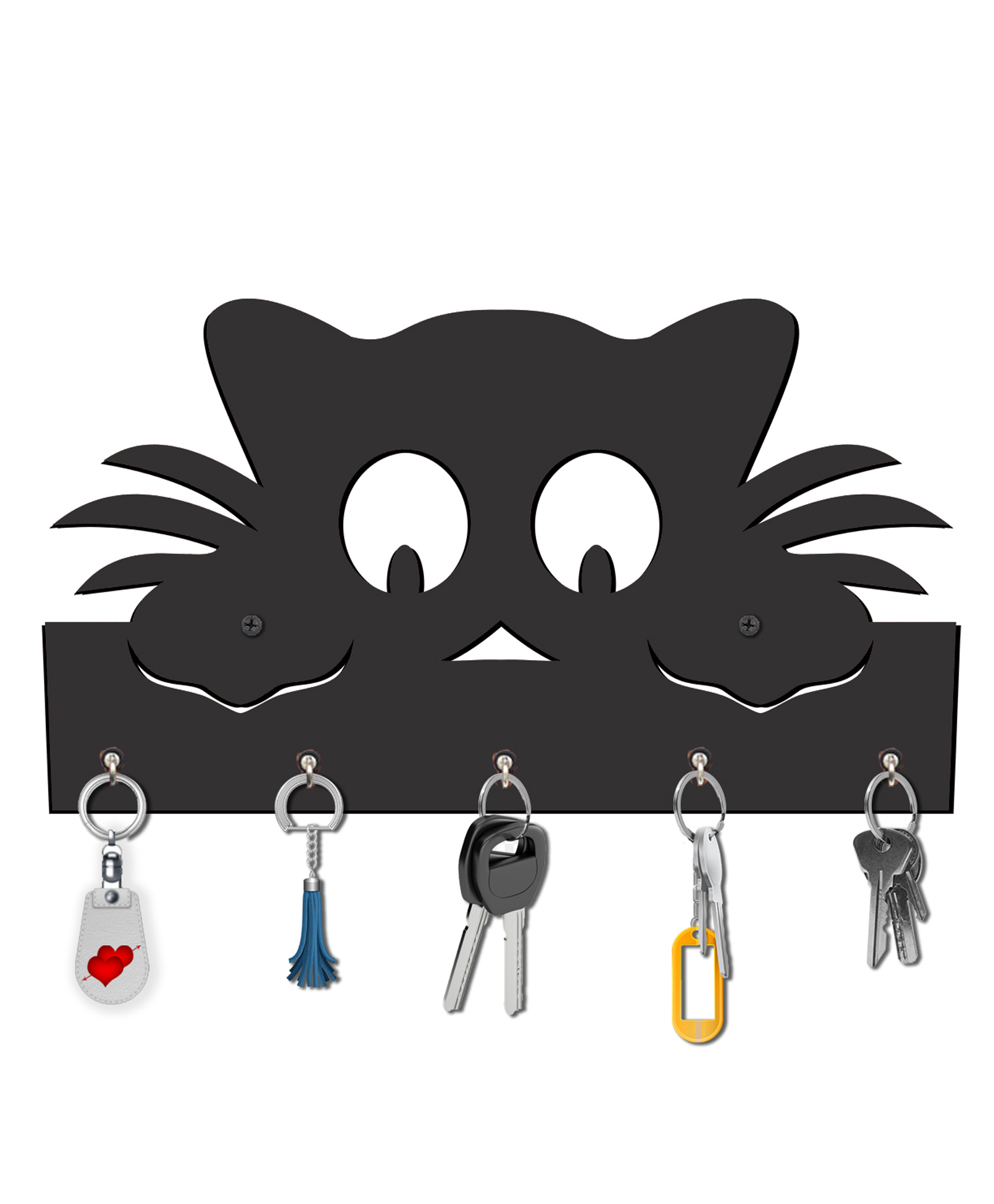 Olive Tree Key Hanger | Key Holder for Home | Key Chain Holders for Wall | Wall Mount Key Holder | Wall Stylish Key Stand (5 Hooks) - Black with Cat-image-46