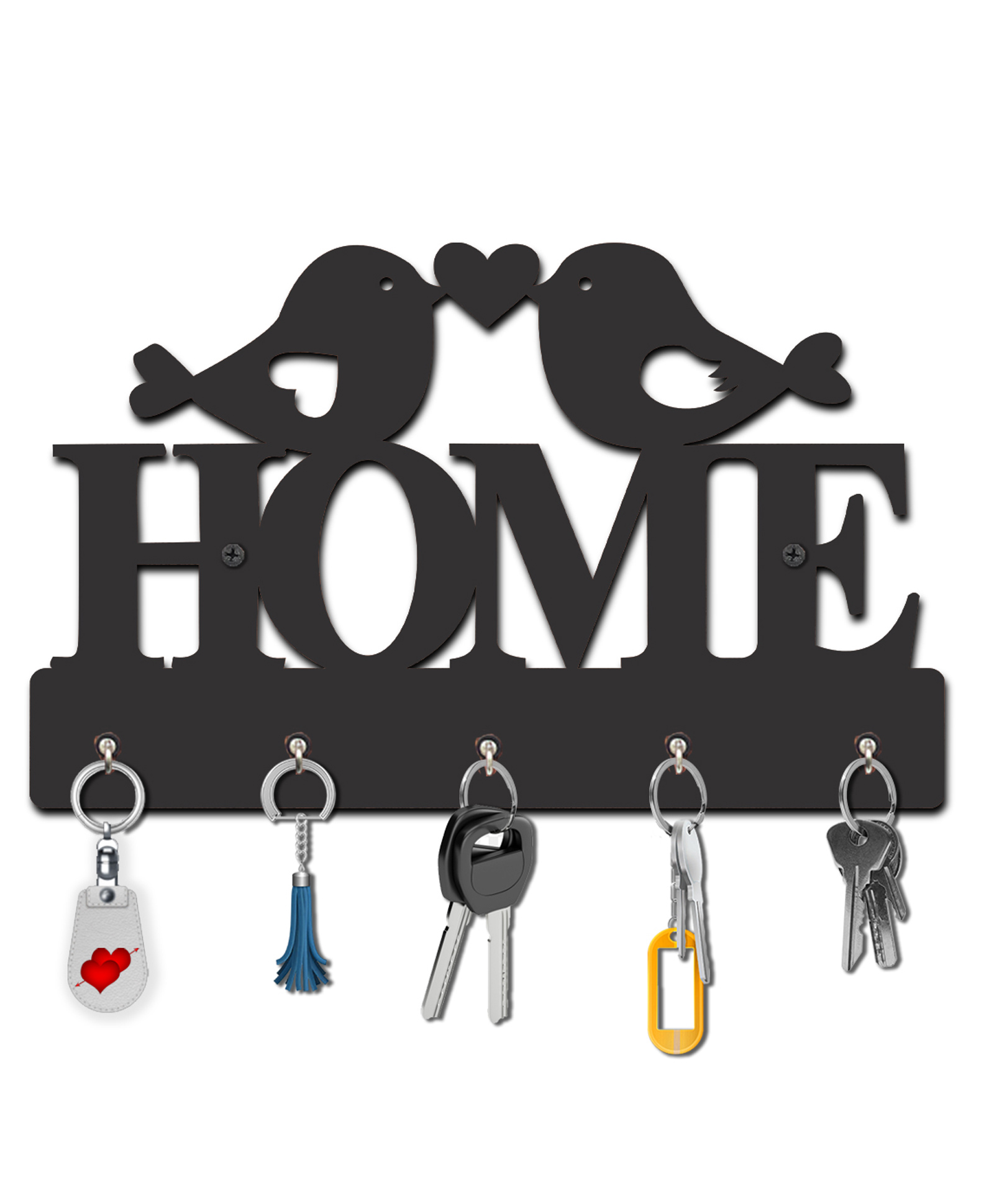 Olive Tree Key Hanger | Key Holder for Home | Key Chain Holders for Wall | Wall Mount Key Holder | Wall Stylish Key Stand (5 Hooks) - Black with Birds Home Love-picture-13