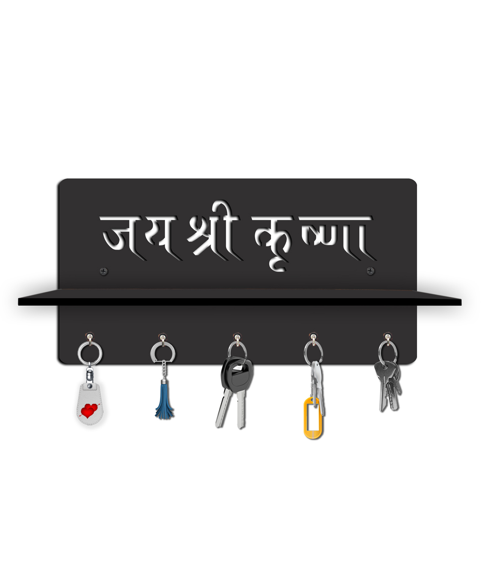 Olive Tree Key Hanger | Key Holder for Home | Key Chain Holders for Wall | Wall Mount Key Holder | Wall Stylish Key Stand (5 Hooks) - Black with Jai Shree Krishna-image-48