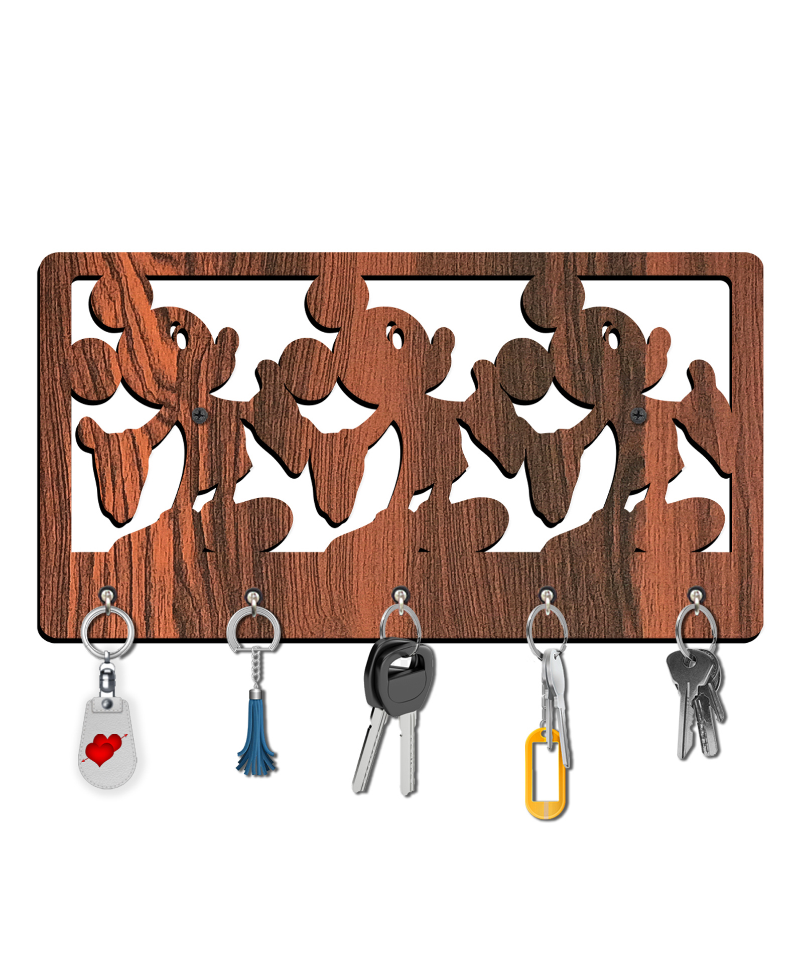Olive Tree Key Hanger | Key Holder for Home | Key Chain Holders for Wall | Wall Mount Key Holder | Wall Stylish Key Stand (5 Hooks) - Brown with 3 Mickey Mouse-image-35