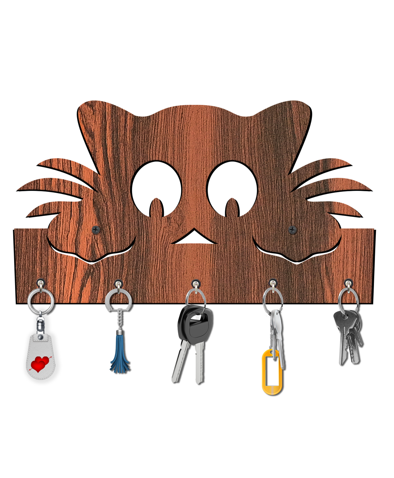 Olive Tree Key Hanger | Key Holder for Home | Key Chain Holders for Wall | Wall Mount Key Holder | Wall Stylish Key Stand (5 Hooks) - Brown with Cat-image-47