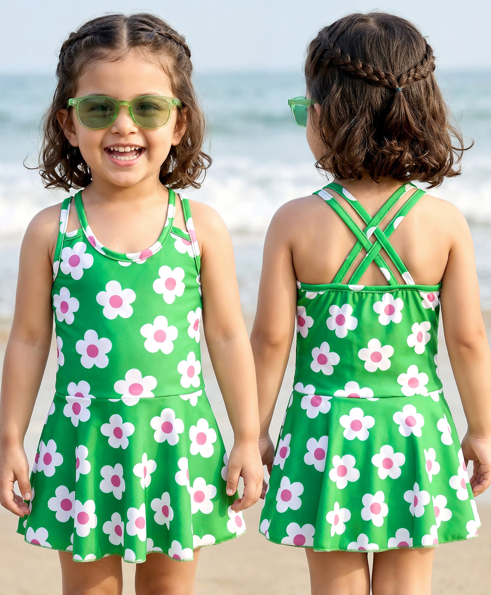 Babyhug Water Repellant Frock Swimsuit With Floral Print - Green-image-42