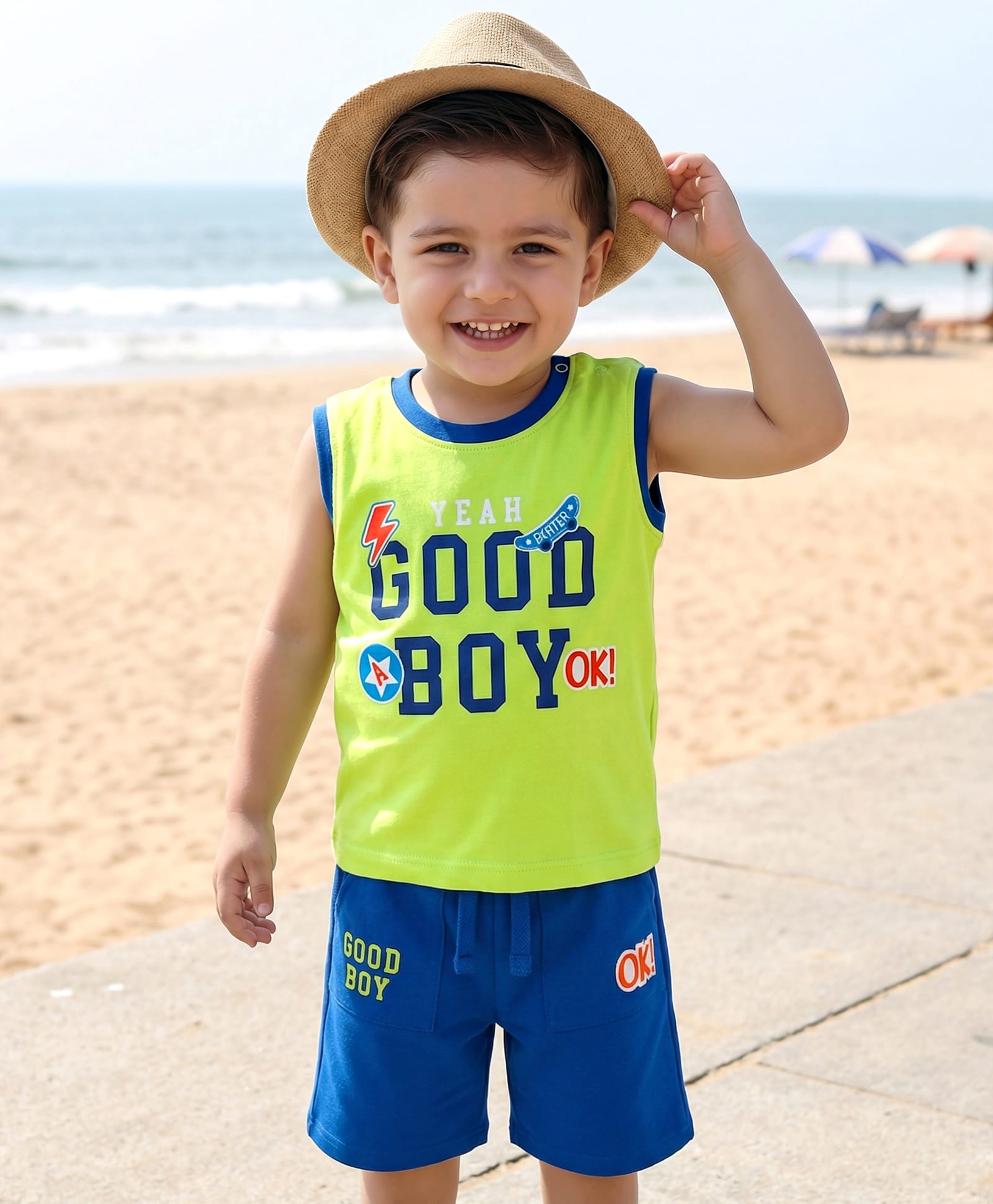 Babyhug Single Jersey Knit Sleeveless Tank T-Shirt & Shorts Set With Text Print - Lime Green & Blue-image-41