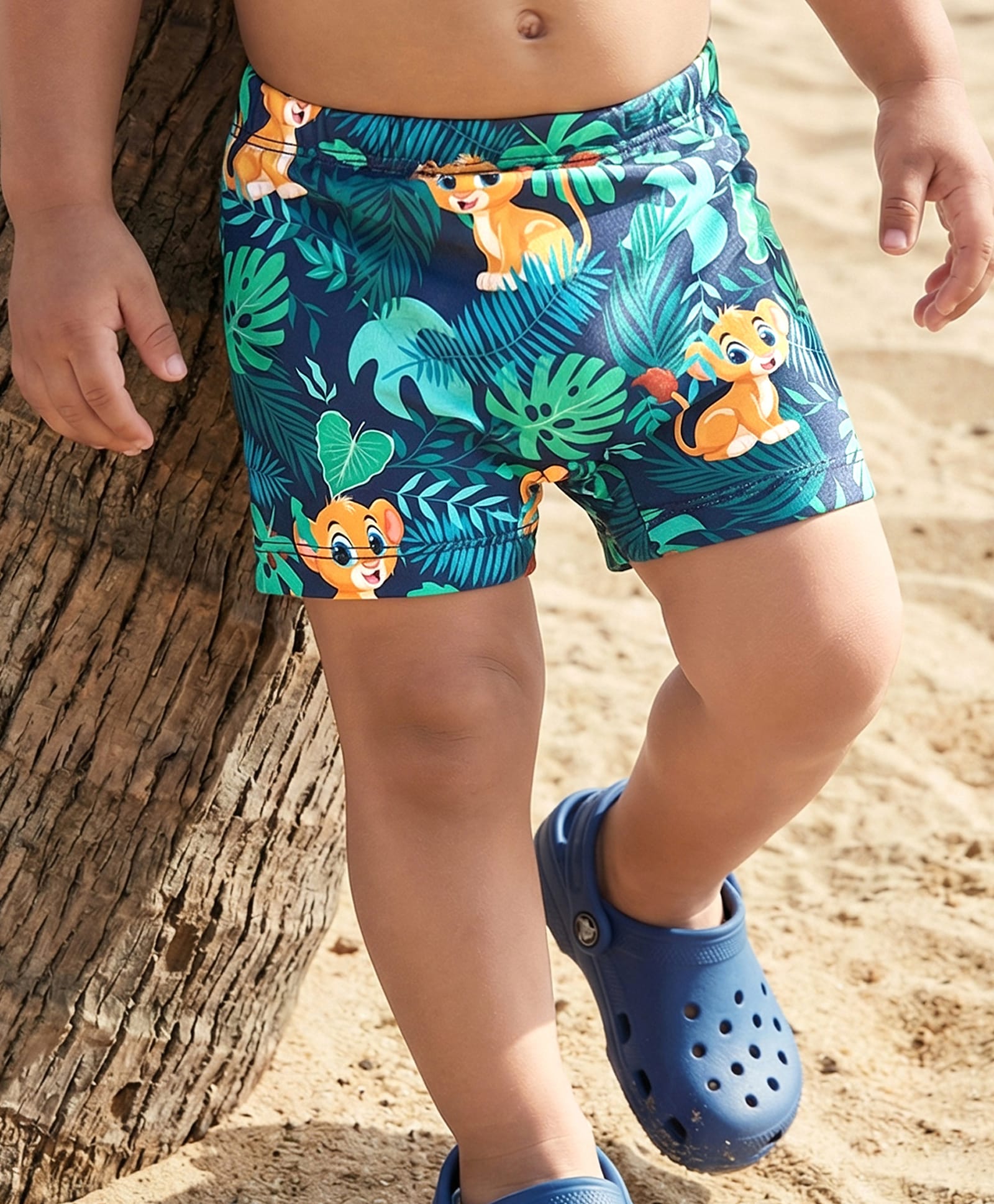 Babyhug Above Knee Length Water Repellant Swimming Trunk With Lion & Leaves Print - Green