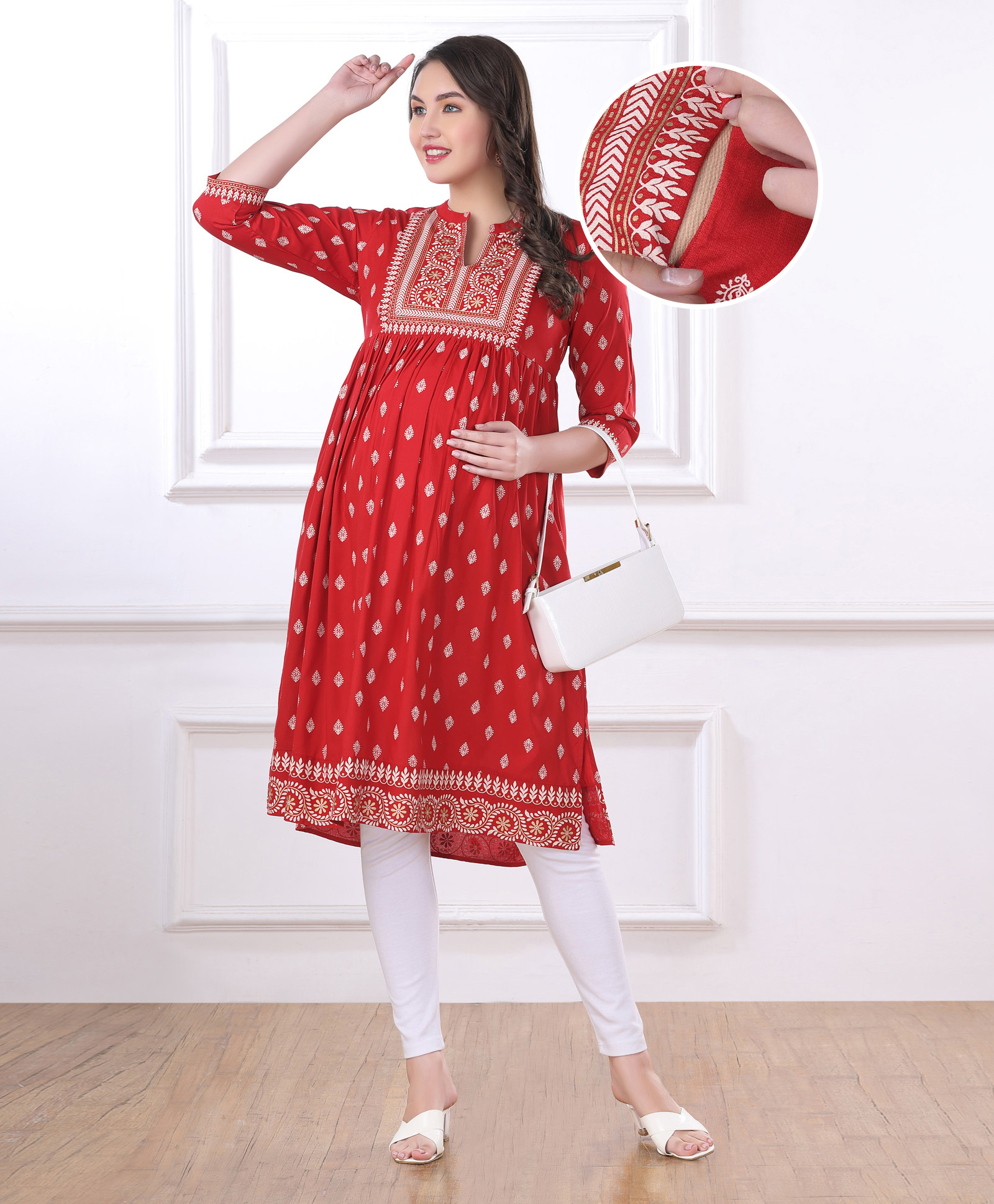 Bella Mama Woven Three Fourth Sleeves Maternity Suit Set With Floral Print - Red-image-36