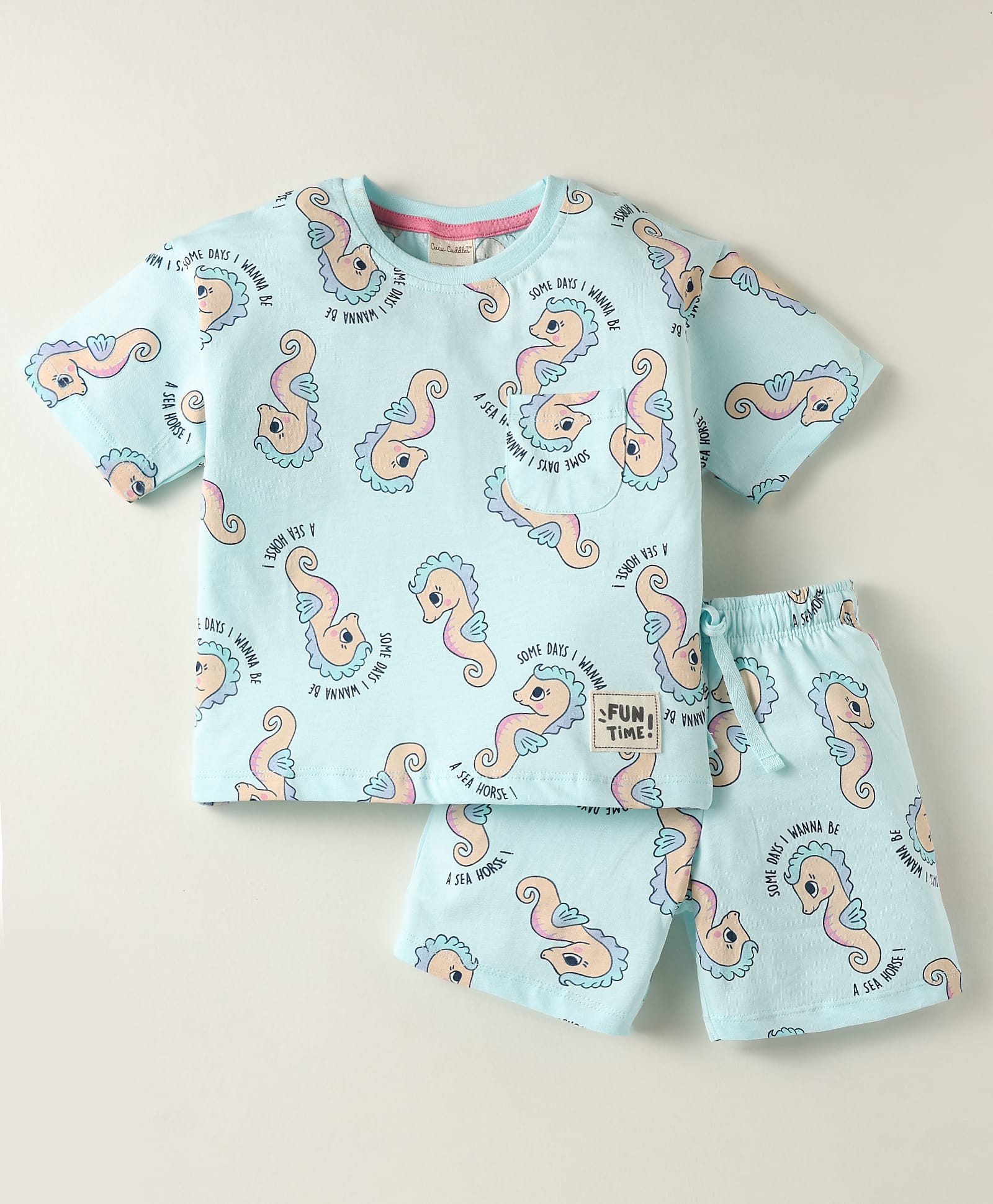 CUCUMBER Sinker Knit Half Sleeves Co-Ord Shorts Night Suit With Sea Horse Print - Aqua Blue-image-48