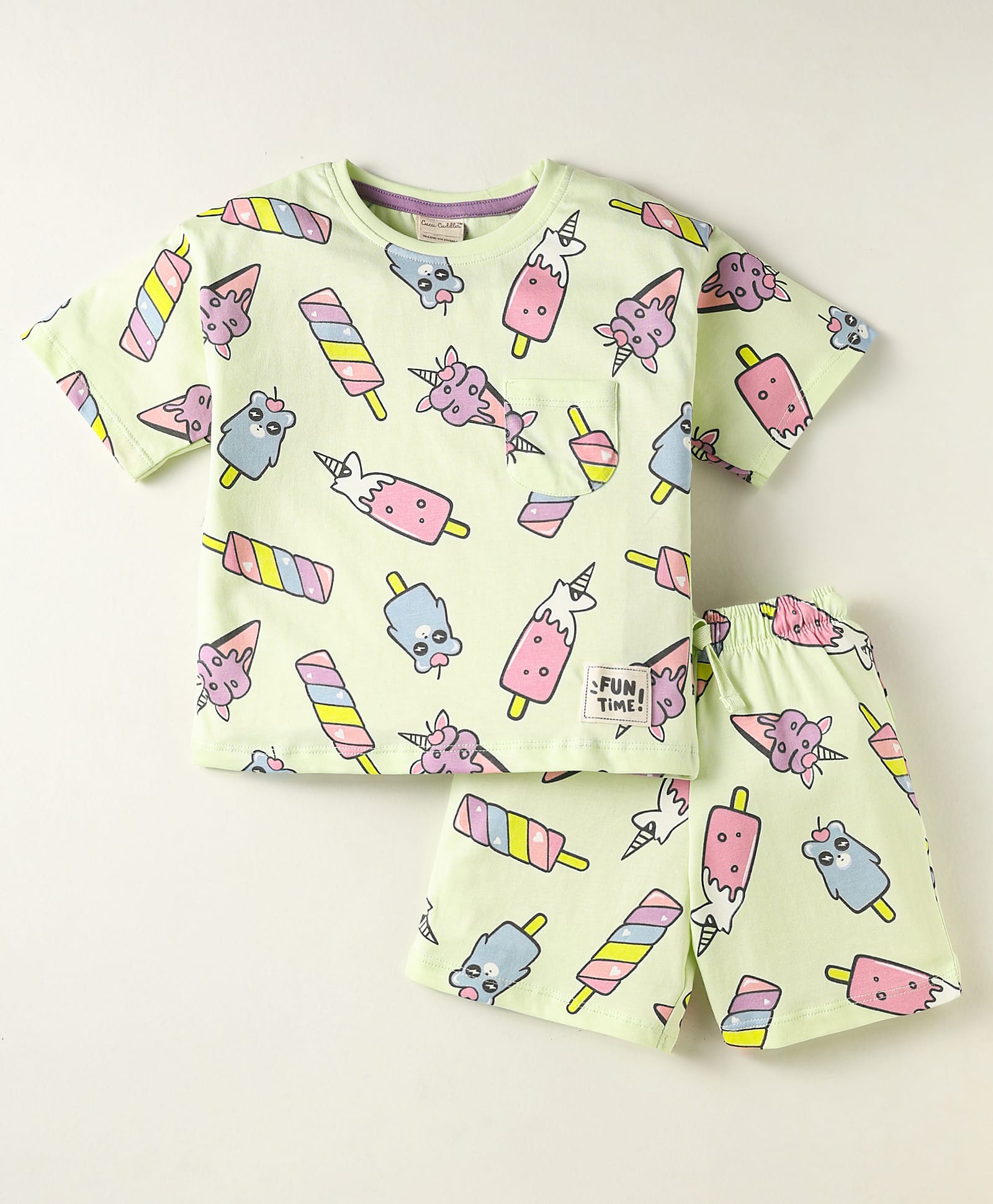 CUCUMBER Sinker Knit Half Sleeves Co-Ord Shorts Night Suit With Ice - Cream Print - Light Green-picture-33