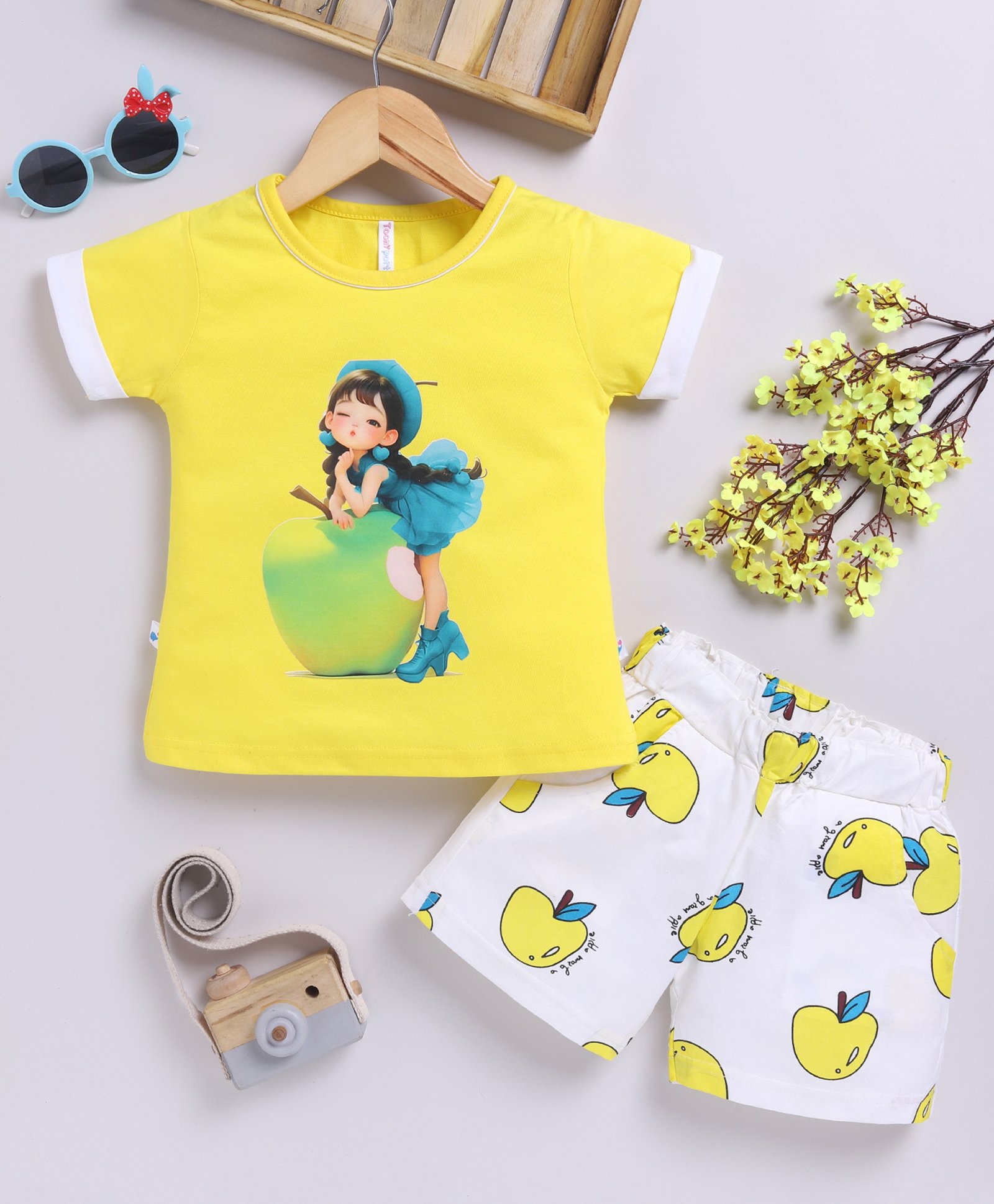 TOONYPORT Cotton Half Sleeves Cute Girl Printed Tee With Shorts Set - Yellow-image-36