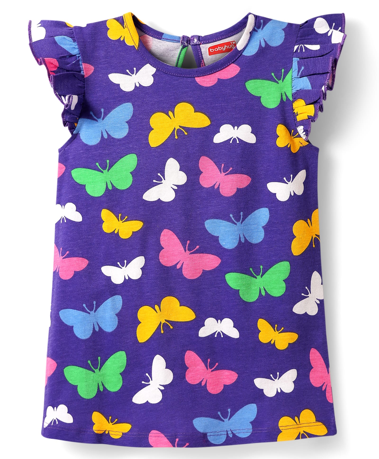 Babyhug Cotton Knit Frill Sleeves A Line Nighty with Butterfly Print - Purple-image-21
