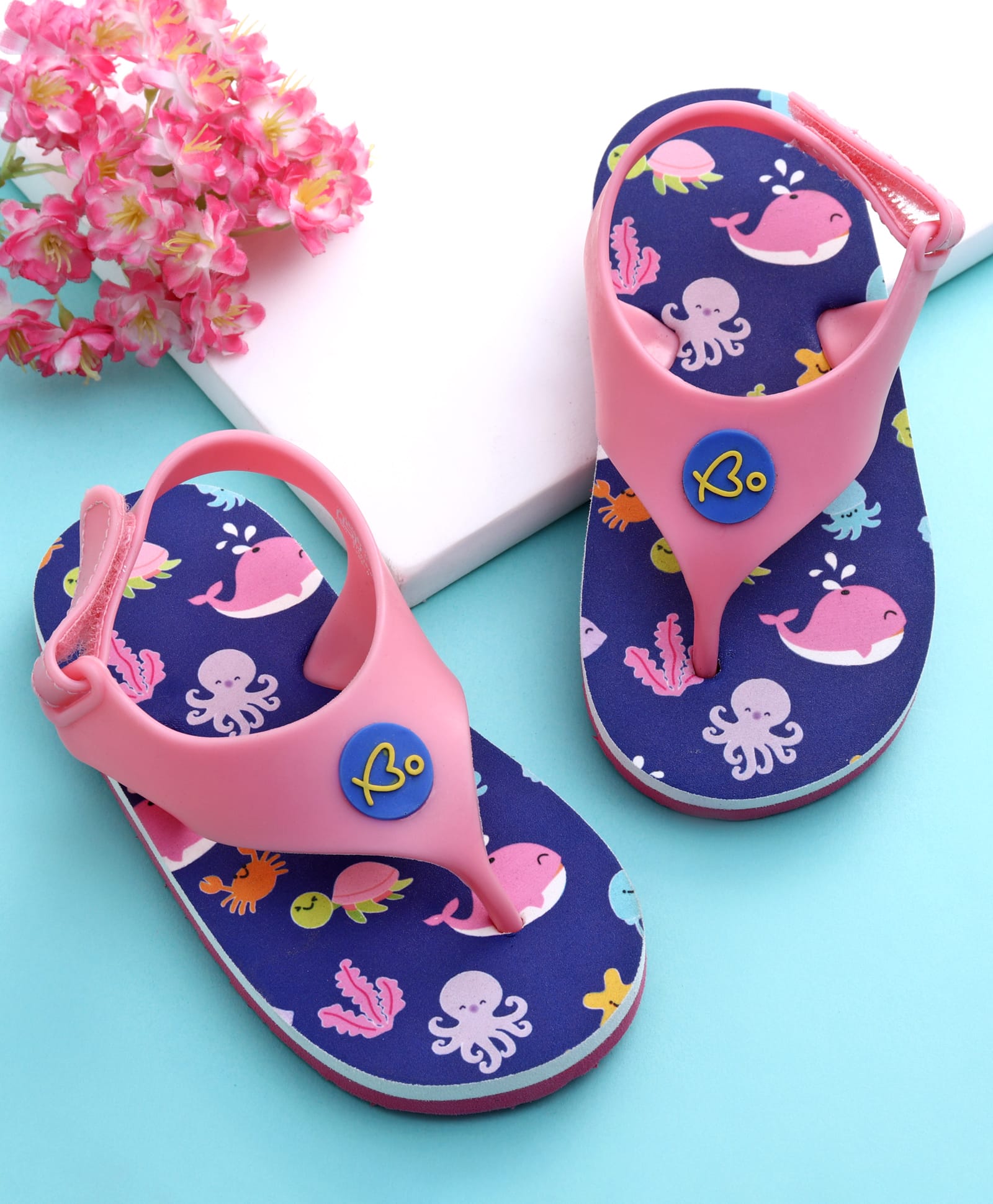 Babyoye Velcro Closure Flip Flops With Sea Life Print - Light Pink & Blue-image-9