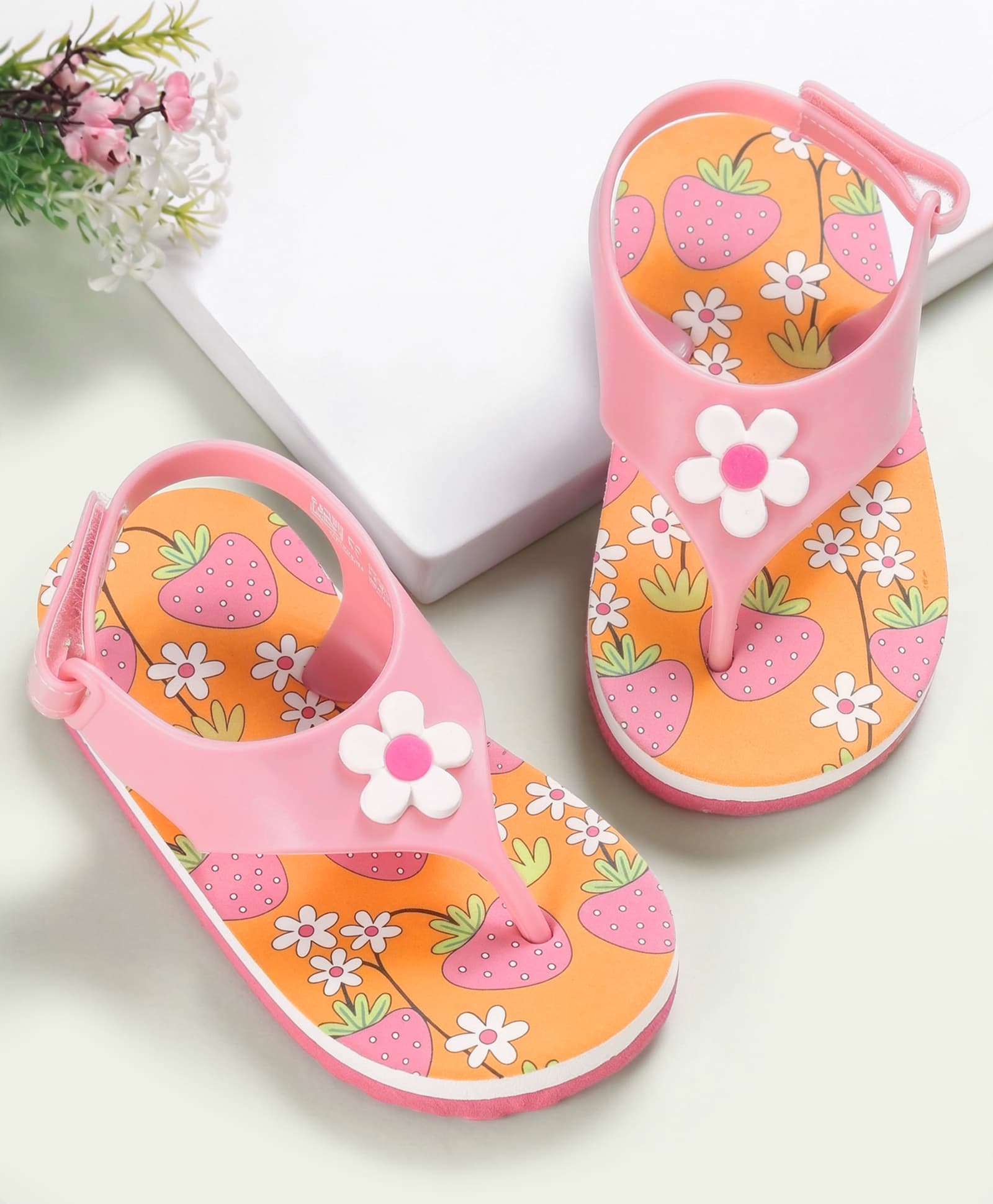 Babyoye Velcro & Back Strap Closure Flip Flop With Floral Print - Pink & Orange-image-47