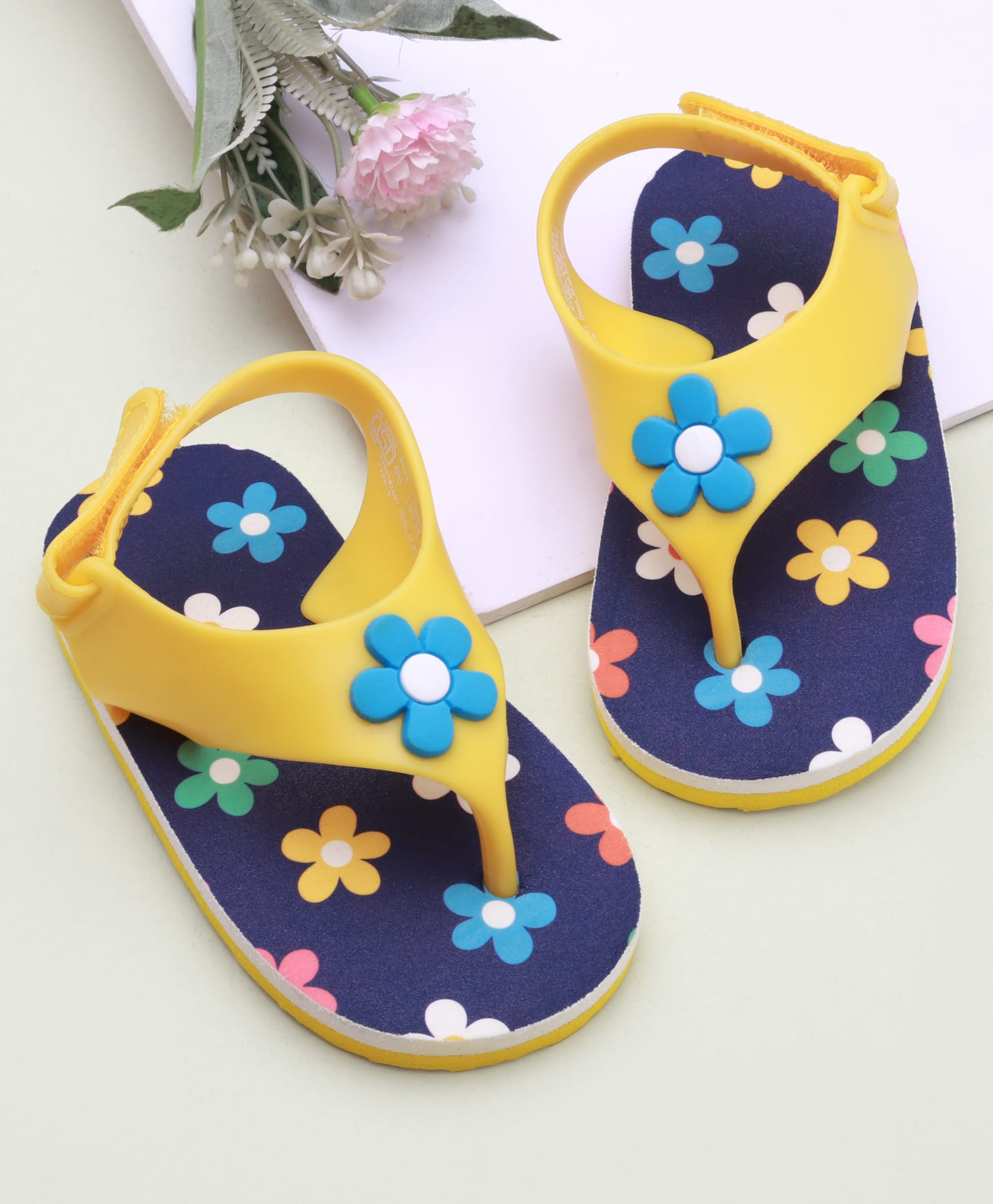 Babyoye Velcro Closure Flip Flops With Floral Applique & Print-Yellow & Navy Blue-image-35