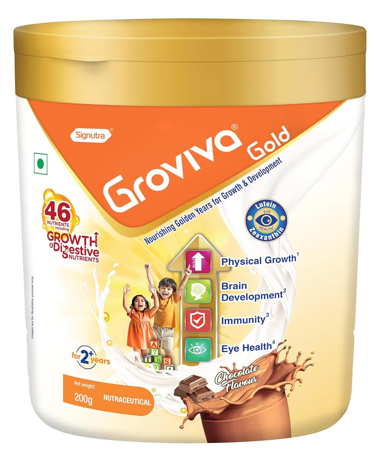 Groviva Gold Milk Protein Powder Chocolate Jar With 46 Nutrients including Growth & Digestive Nutrients - 200g-image-3