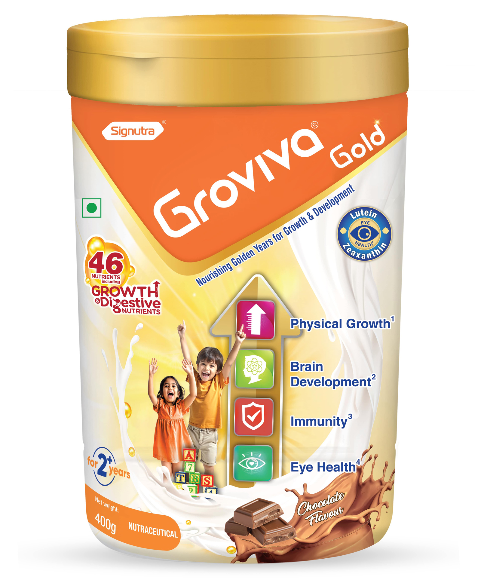 Groviva Gold Milk Protein Powder Chocolate Jar With 46 Nutrients including Growth & Digestive Nutrients - 400g