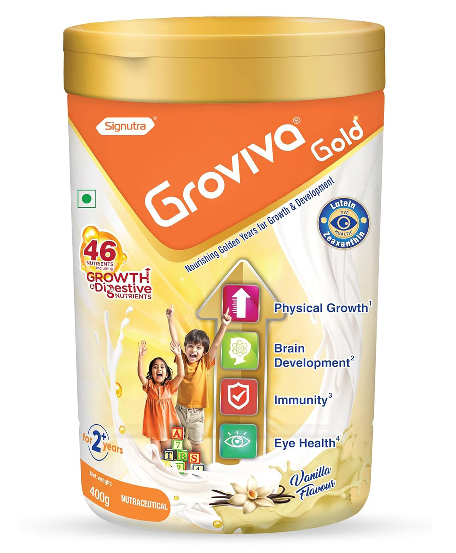 Groviva Gold Milk Protein Powder Vanilla Jar With 46 Nutrients including Growth & Digestive Nutrients - 400g