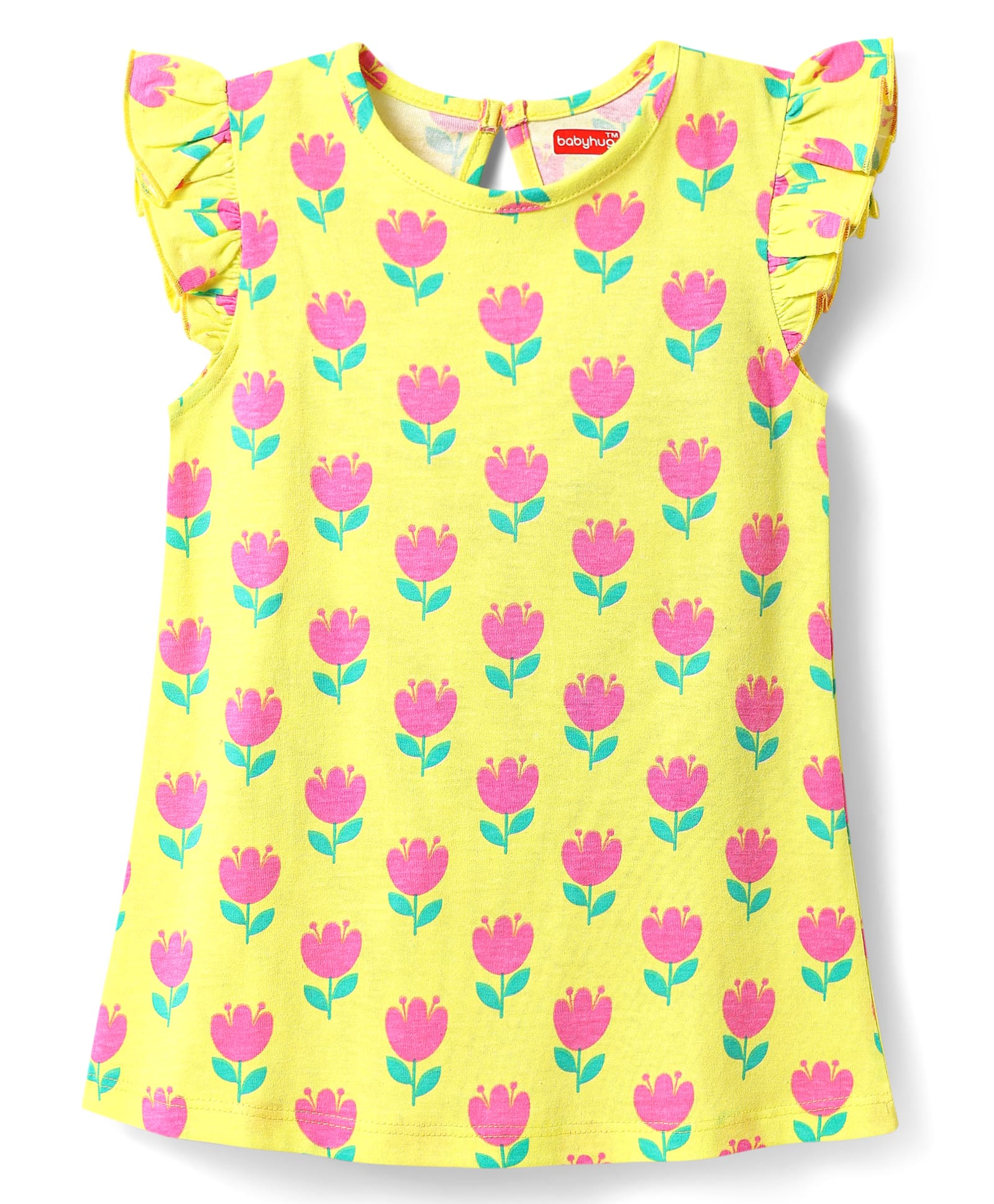 Babyhug Cotton Knit Frill Sleeves A Line Nighty with Floral Print - Yellow-picture-22