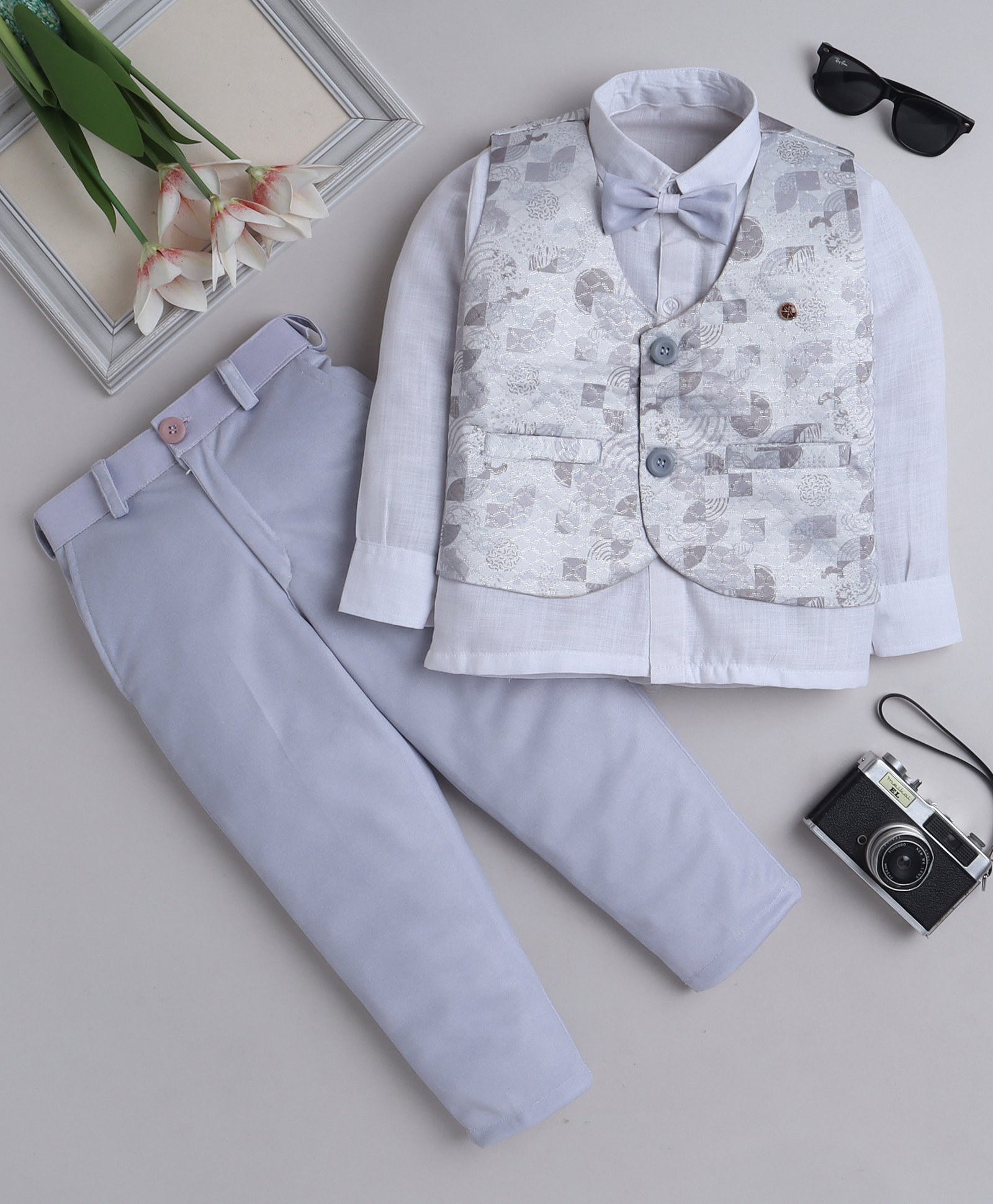 Fourfolds Full Sleeves Solid Shirt With Abstract Printed Waistcoat Trousers & Bow Set - Grey-picture-23