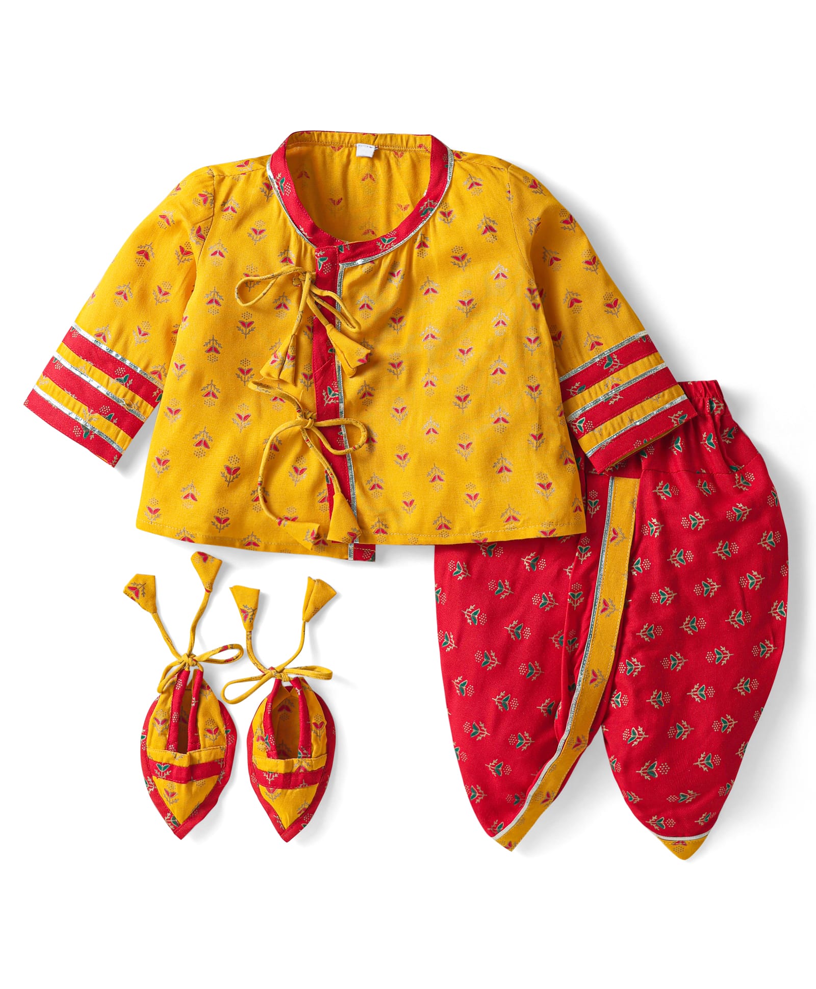 Saka Designs Cotton Woven Mandarin Collar Full Sleeves Printed Dhoti Kurta Set With Booties - Yellow & Red-image-3