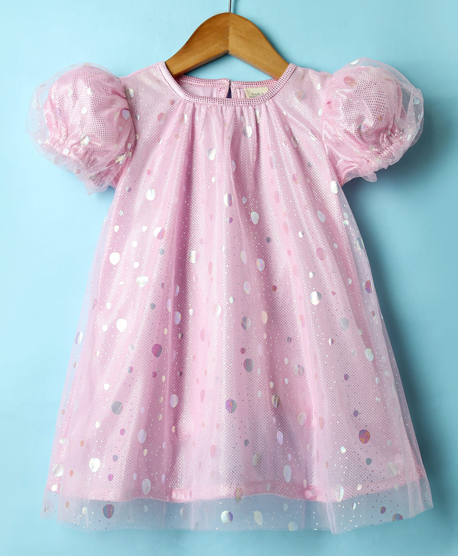Saka Designs Woven Half Sleeves Party Frock With Foil Polka Dot Print - Pink-picture-25