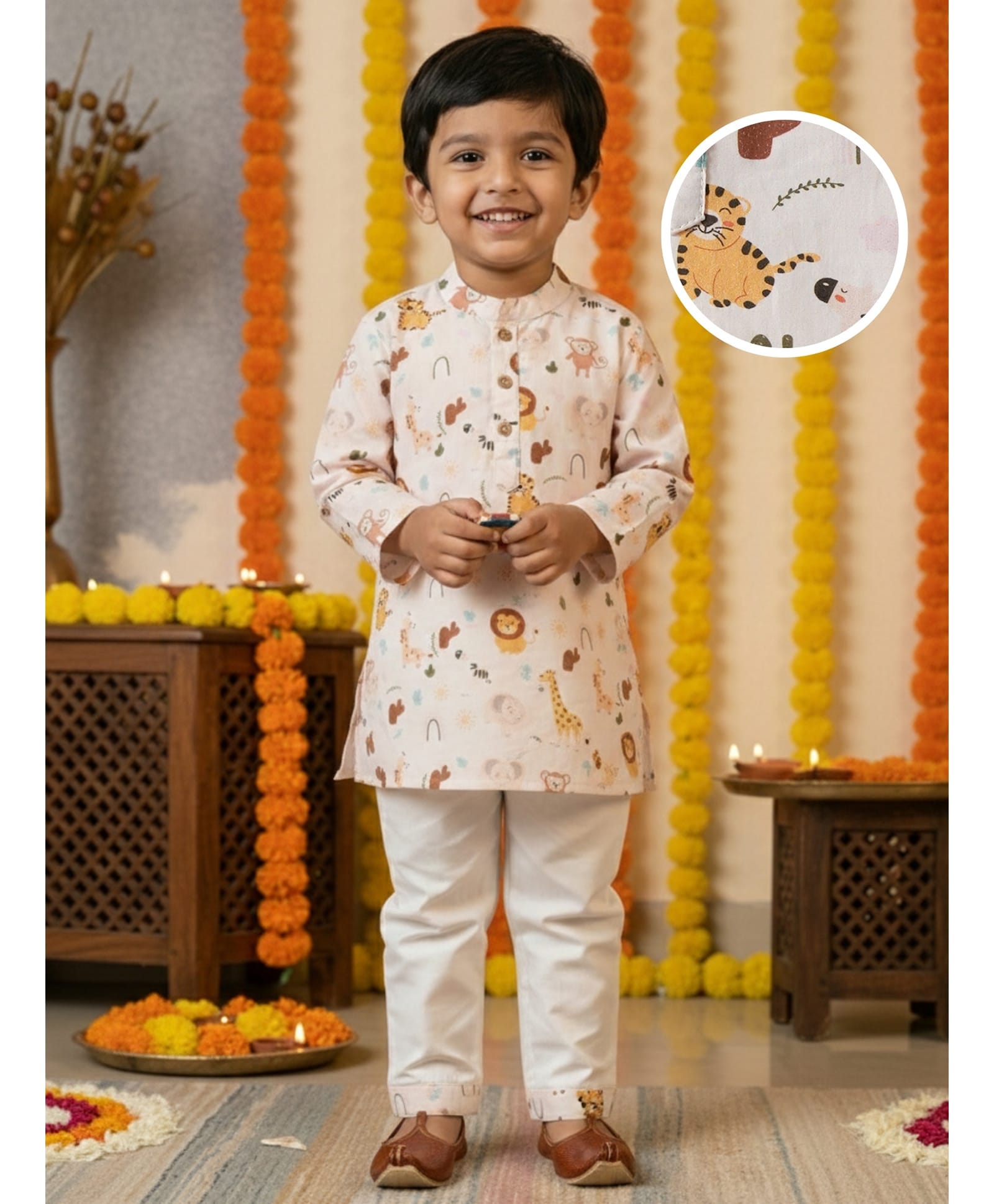 Desi Soota Cotton Full Sleeves Tiger Printed Kurta Pyjama Set - White-picture-33