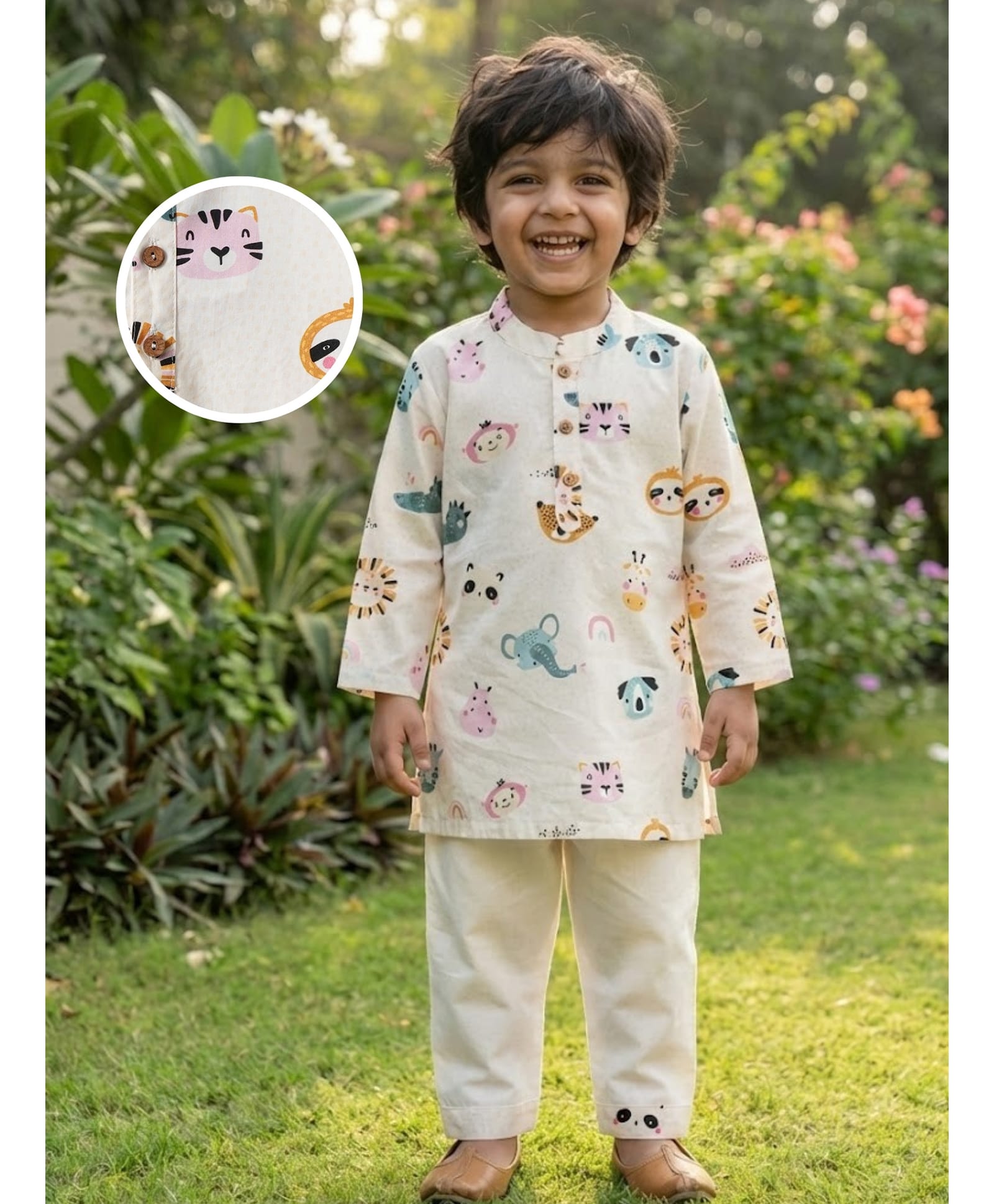 Desi Soota Cotton Full Sleeves Baby Animals Printed Kurta Pyjama Set - White
