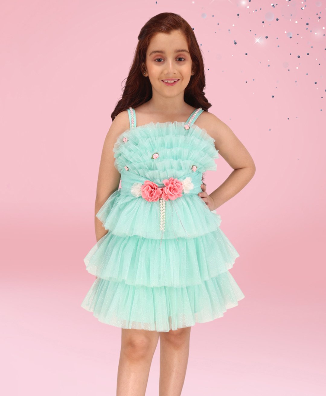 Cutecumber Glitter Sleeveless Floral Applique Detailed Layered Dress - Aqua Blue-image-39