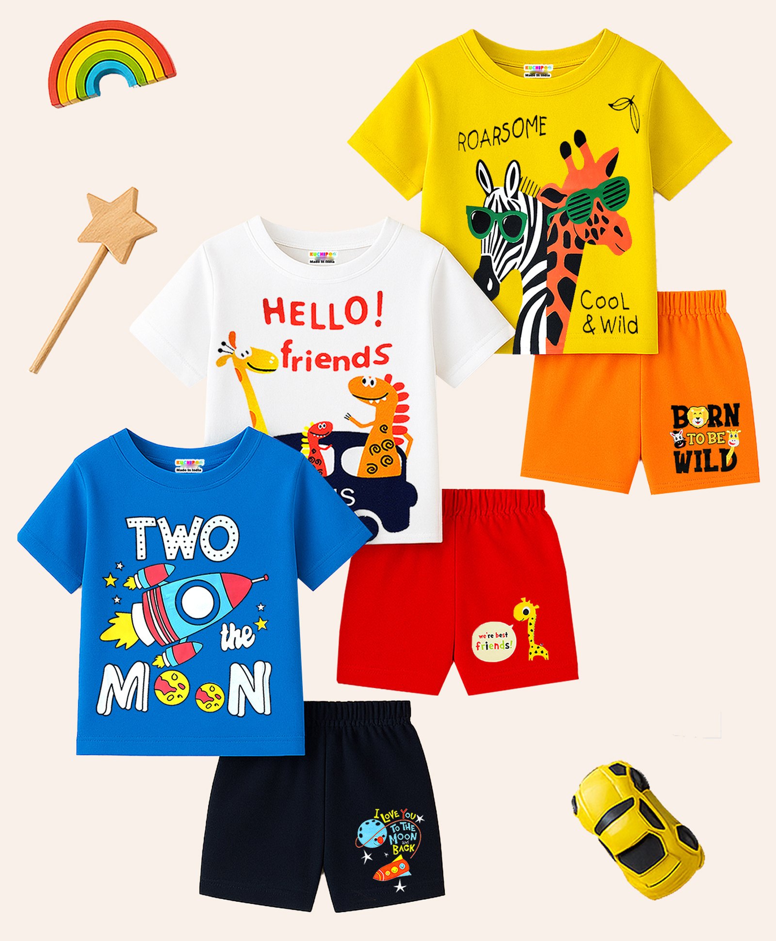 KUCHIPOO Cotton Blend Pack Of 3 Half Sleeves Baby Animals & Space Theme Printed Coordinating Tees & Shorts Set - Yellow White Blue Orange Red & Black-picture-28