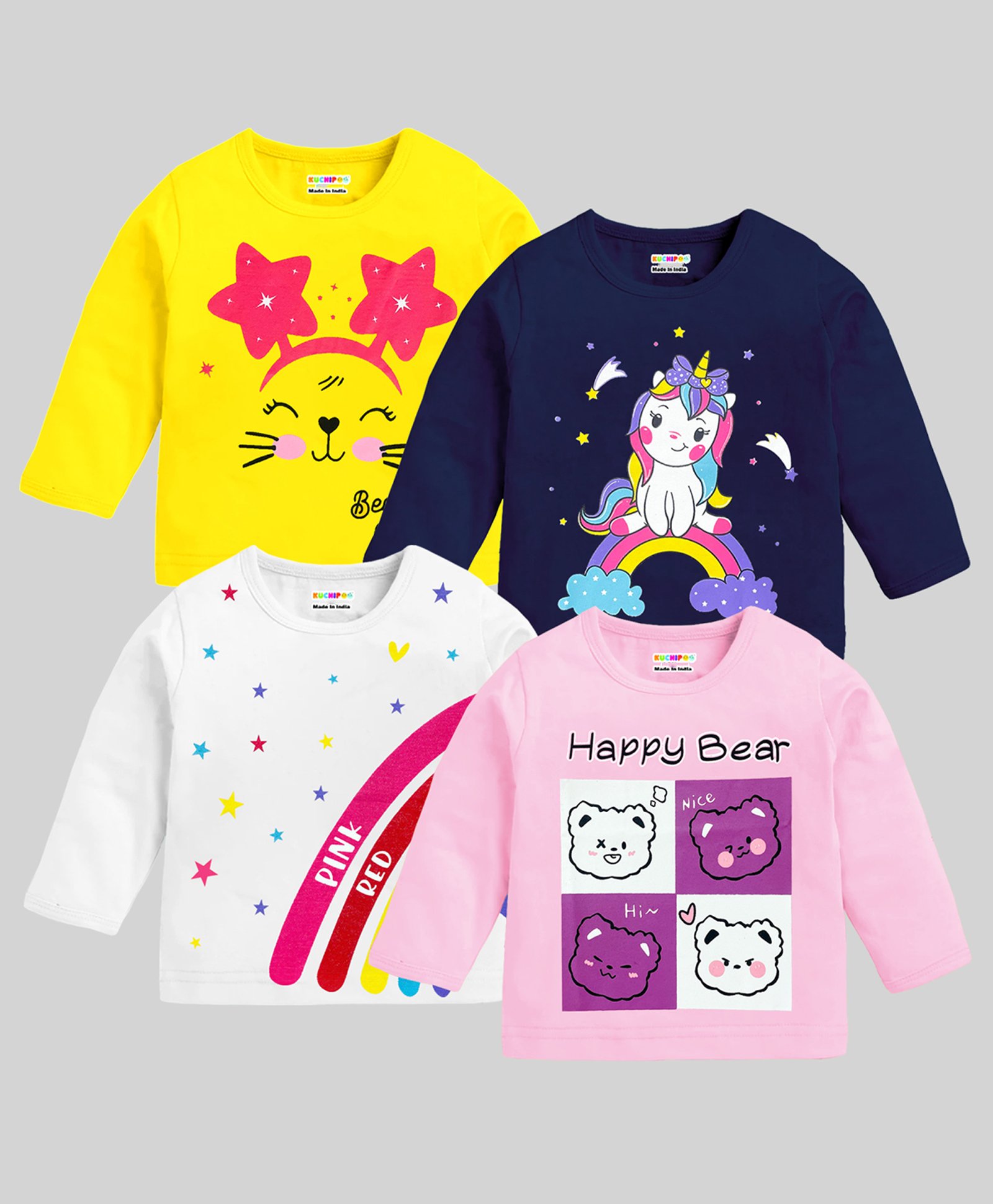KUCHIPOO Cotton Blend Pack Of 4 Full Sleeves Bears & Unicorn Printed Tees - Pink White Navy Blue & Yellow-image-47
