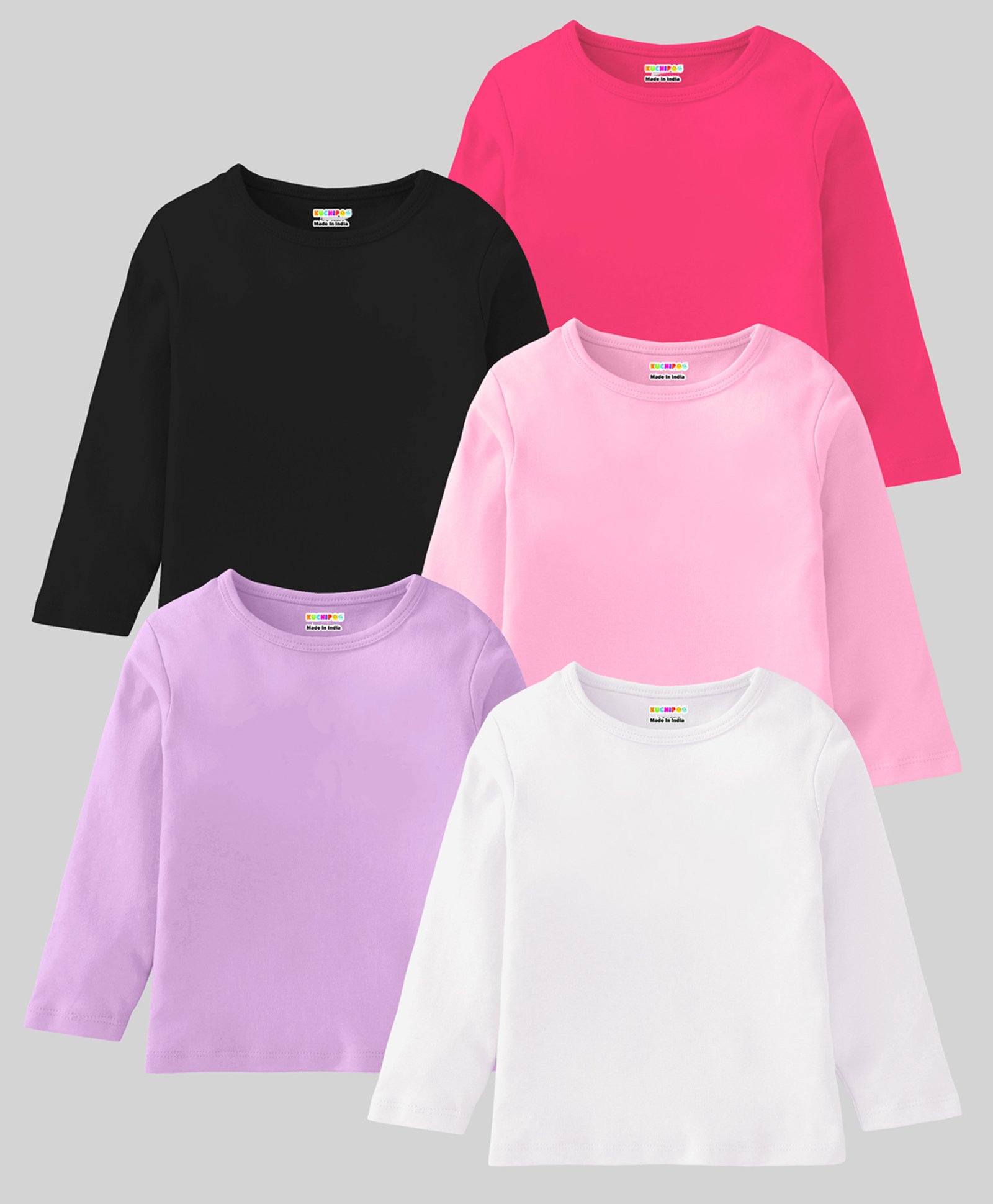 KUCHIPOO Cotton Blend Pack Of 5 Full Sleeves Solid Tees - White Lilac Pink Black & Magenta-picture-41