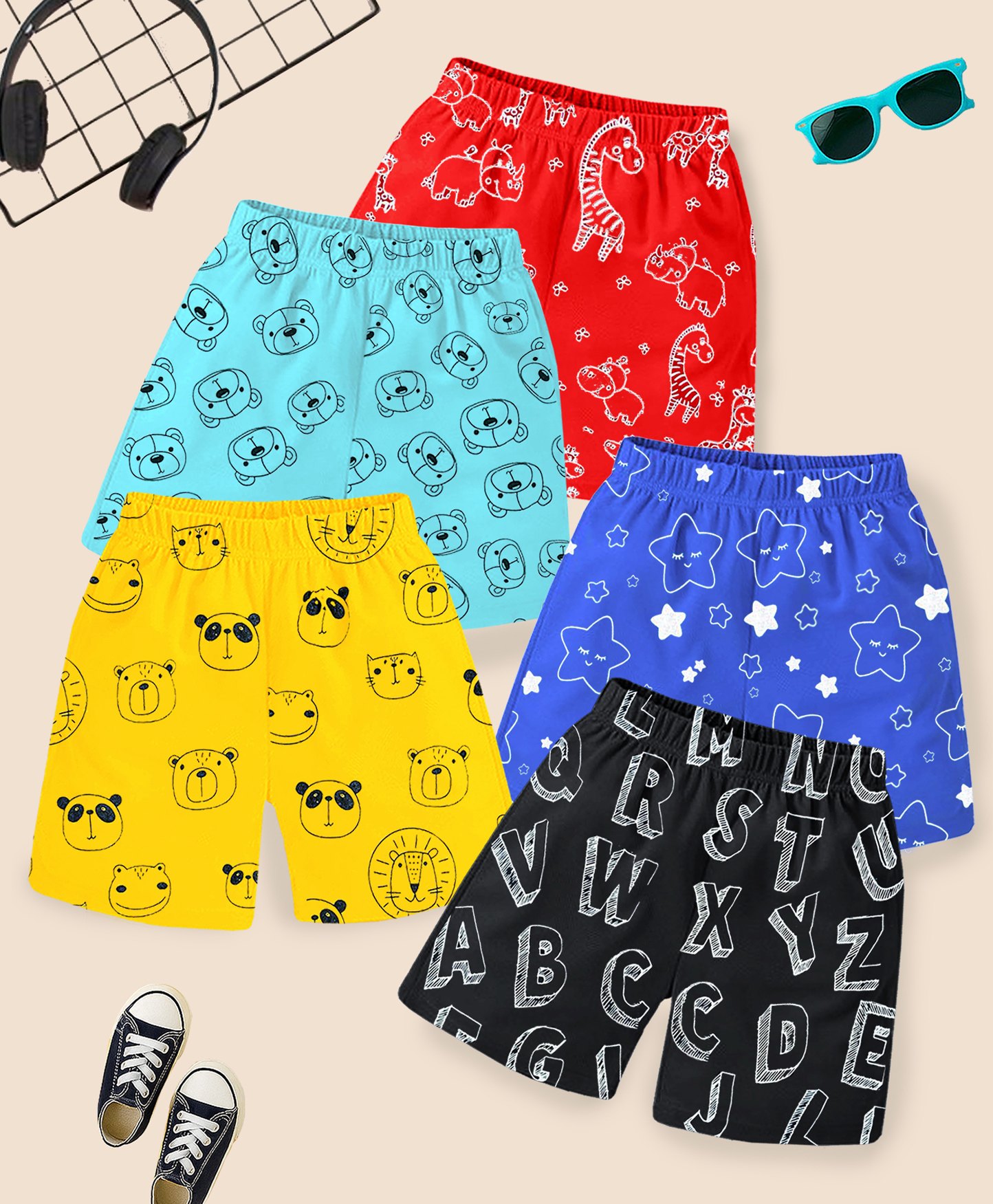 KUCHIPOO Cotton Blend Pack Of 5 Baby Animals & Alphabets Printed Shorts - Blue Black Yellow Navy Blue & Red-image-32