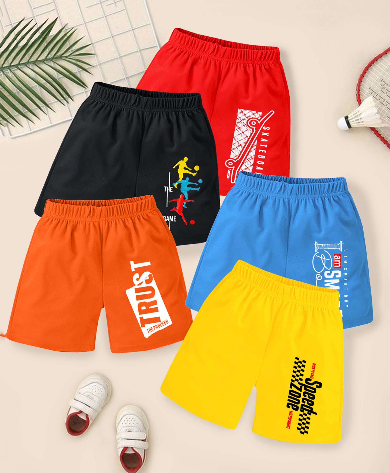 KUCHIPOO Cotton Blend Pack Of 5 Typography & Skateboard Printed Shorts - Blue Black Red Orange & Yellow-picture-27